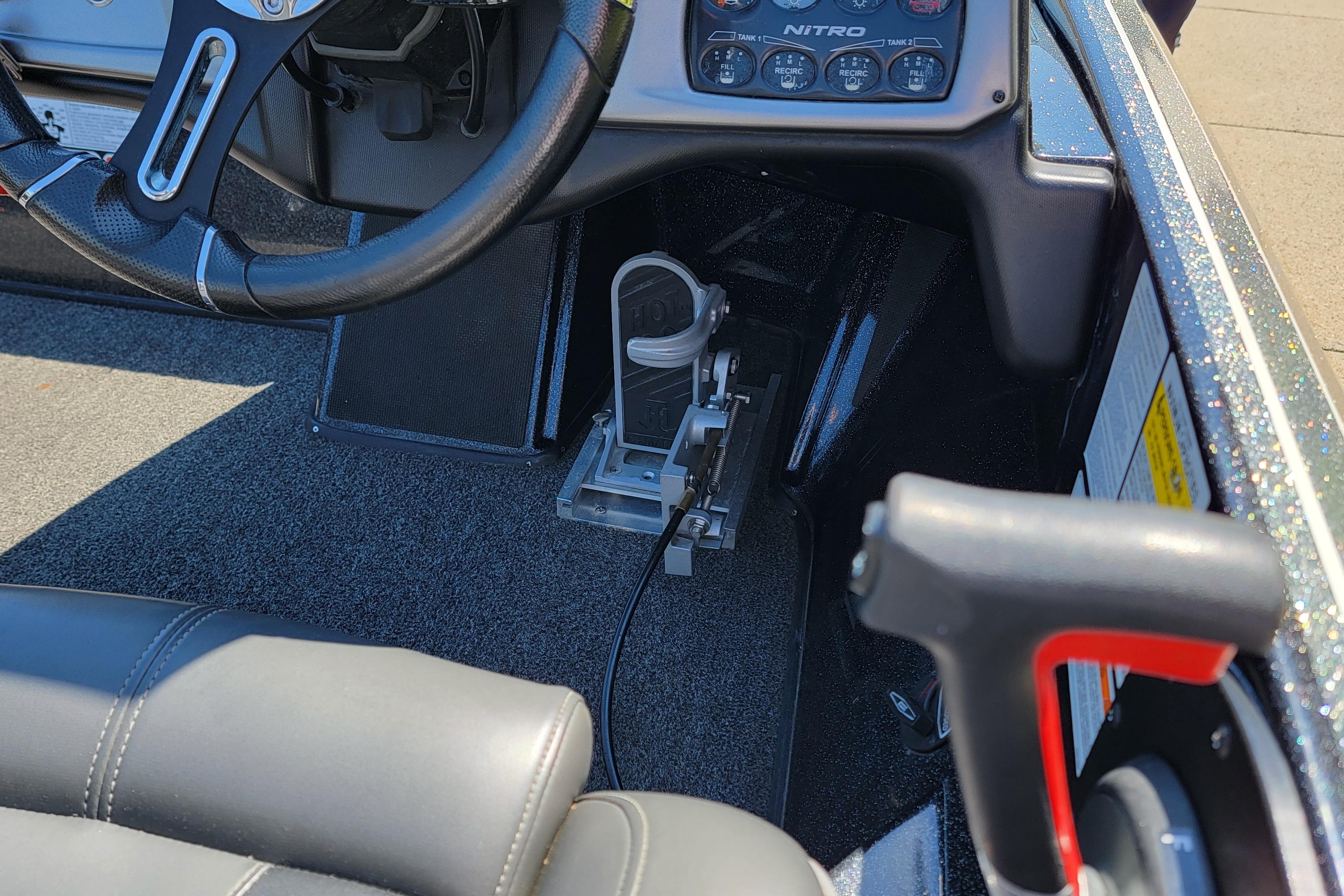 Interior of a 2020 Nitro Z19 Pro boat showing steering wheel and controls.