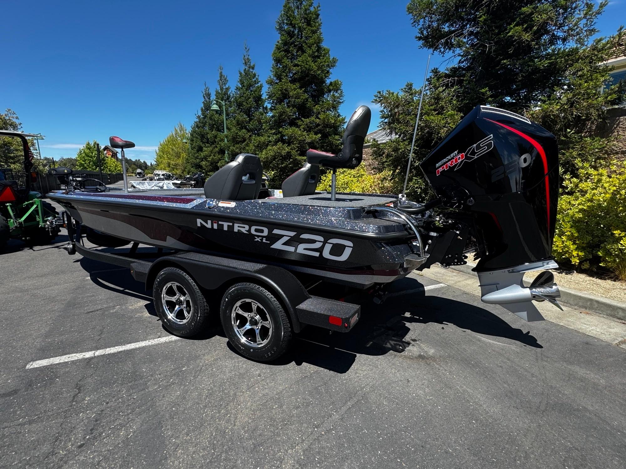 2025 Nitro Z20 XL Pro boat with Mercury Pro XS engine on trailer.