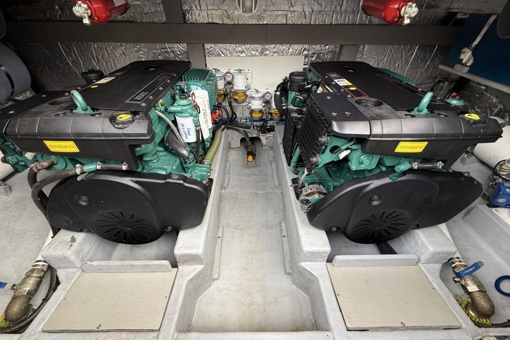 Engine room of 2012 Sasga Yachts Menorquin 42 with dual engines.