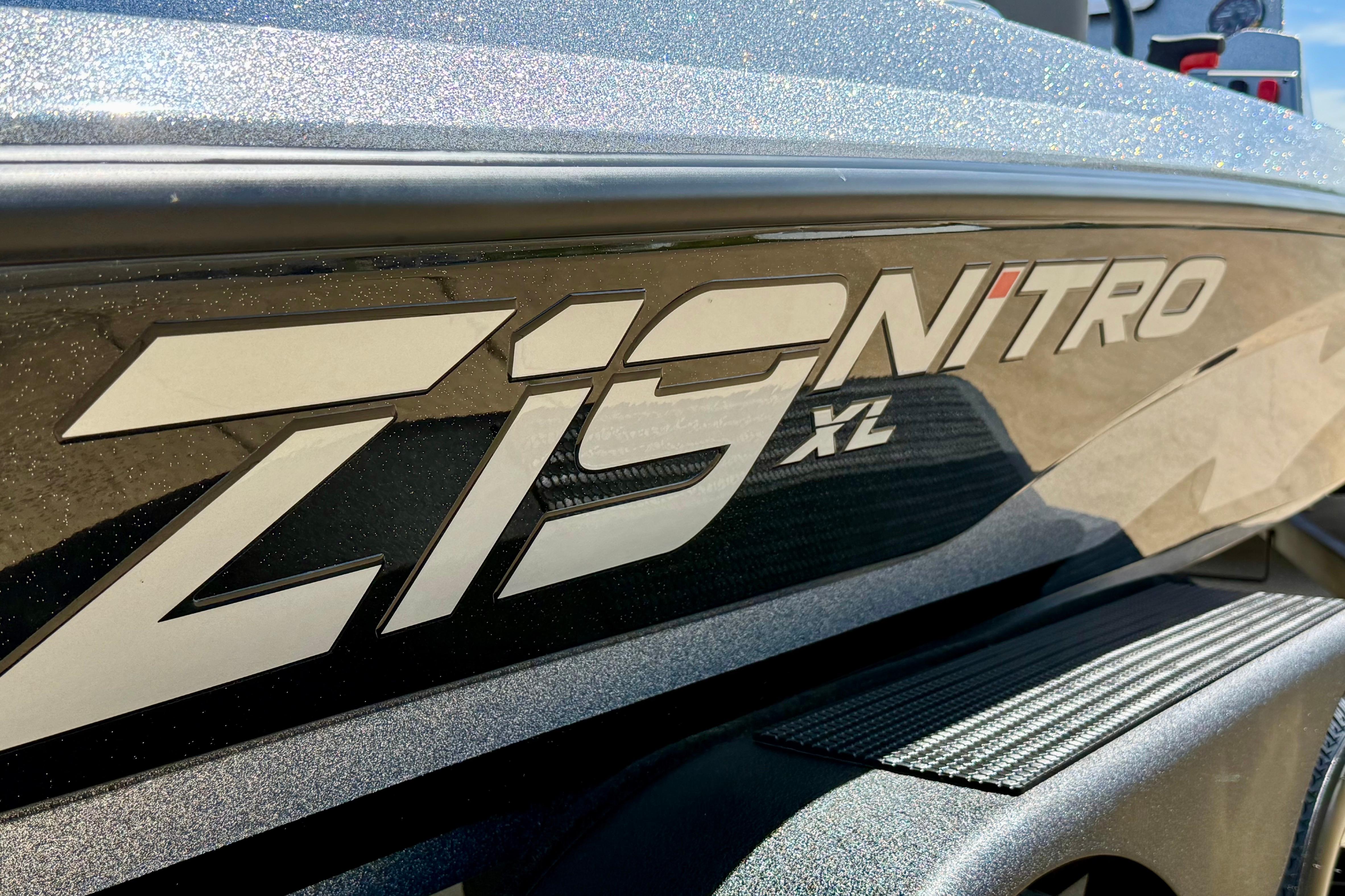 2026 Nitro Z19 XL boat logo close-up with metallic finish.