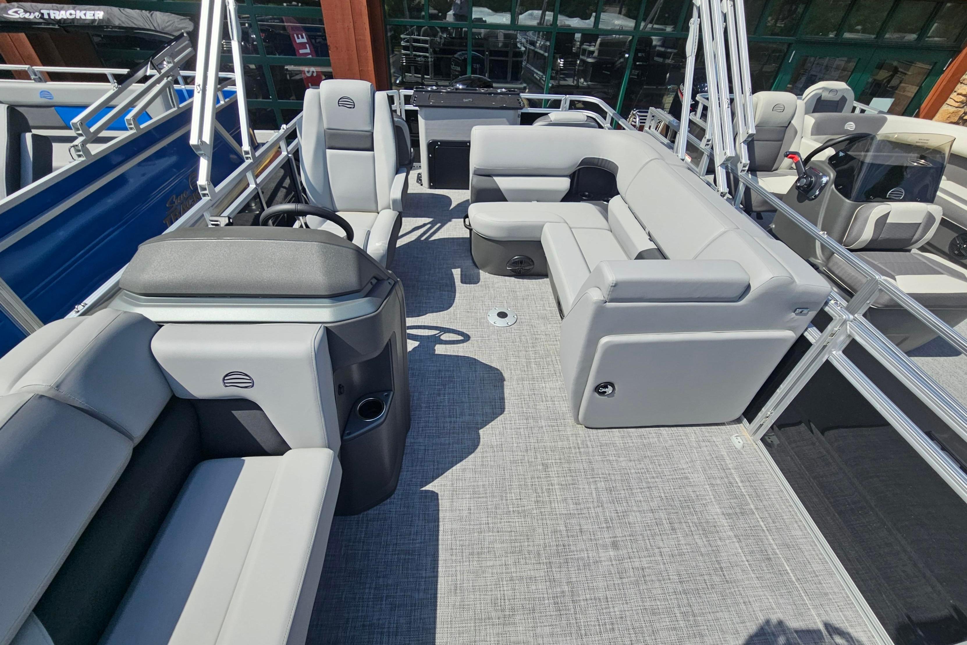 2026 Sun Tracker Party Barge 22 RF DLX interior with spacious seating and modern design.