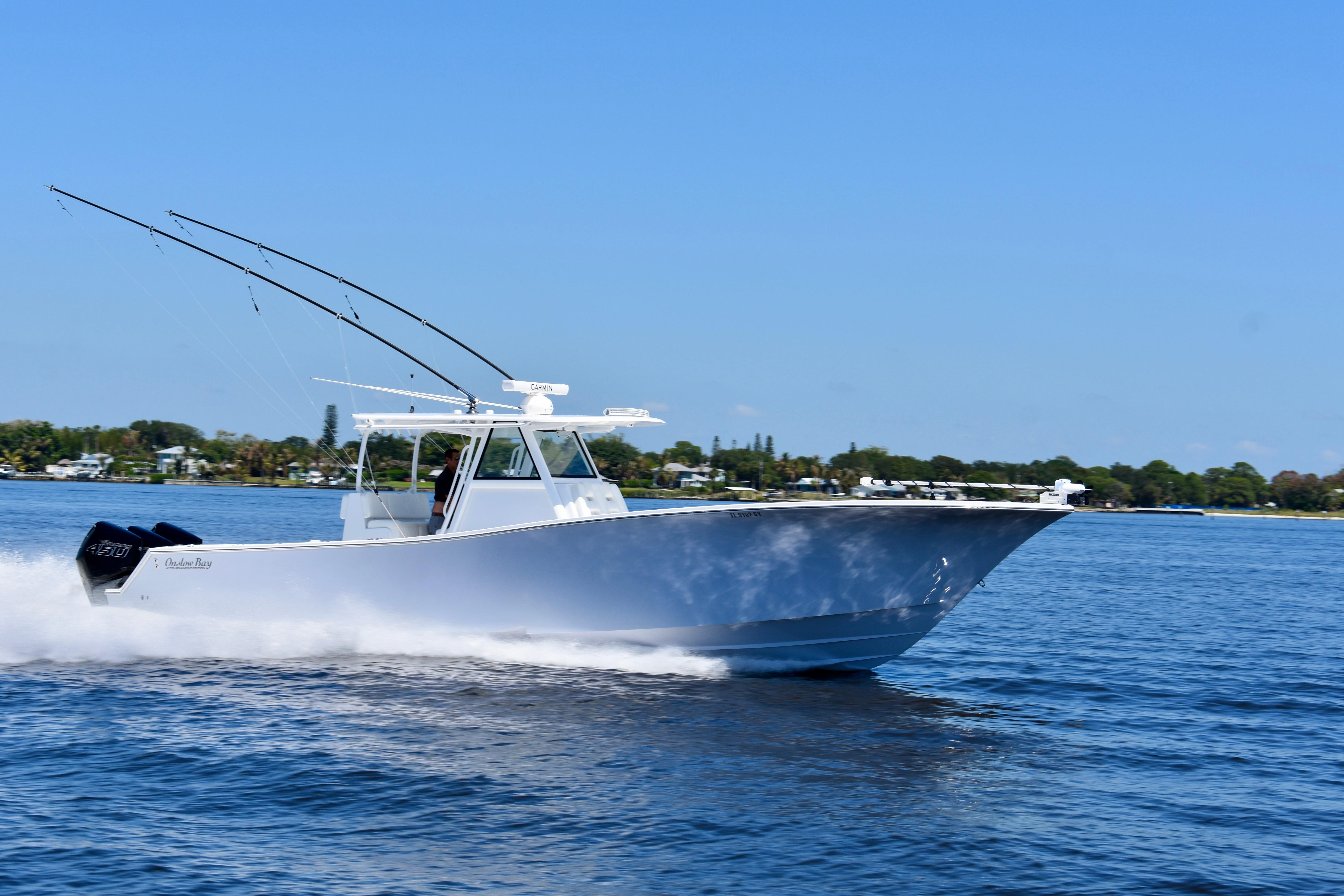 2022 Onslow Bay 41 Tournament boat cruising on open water.