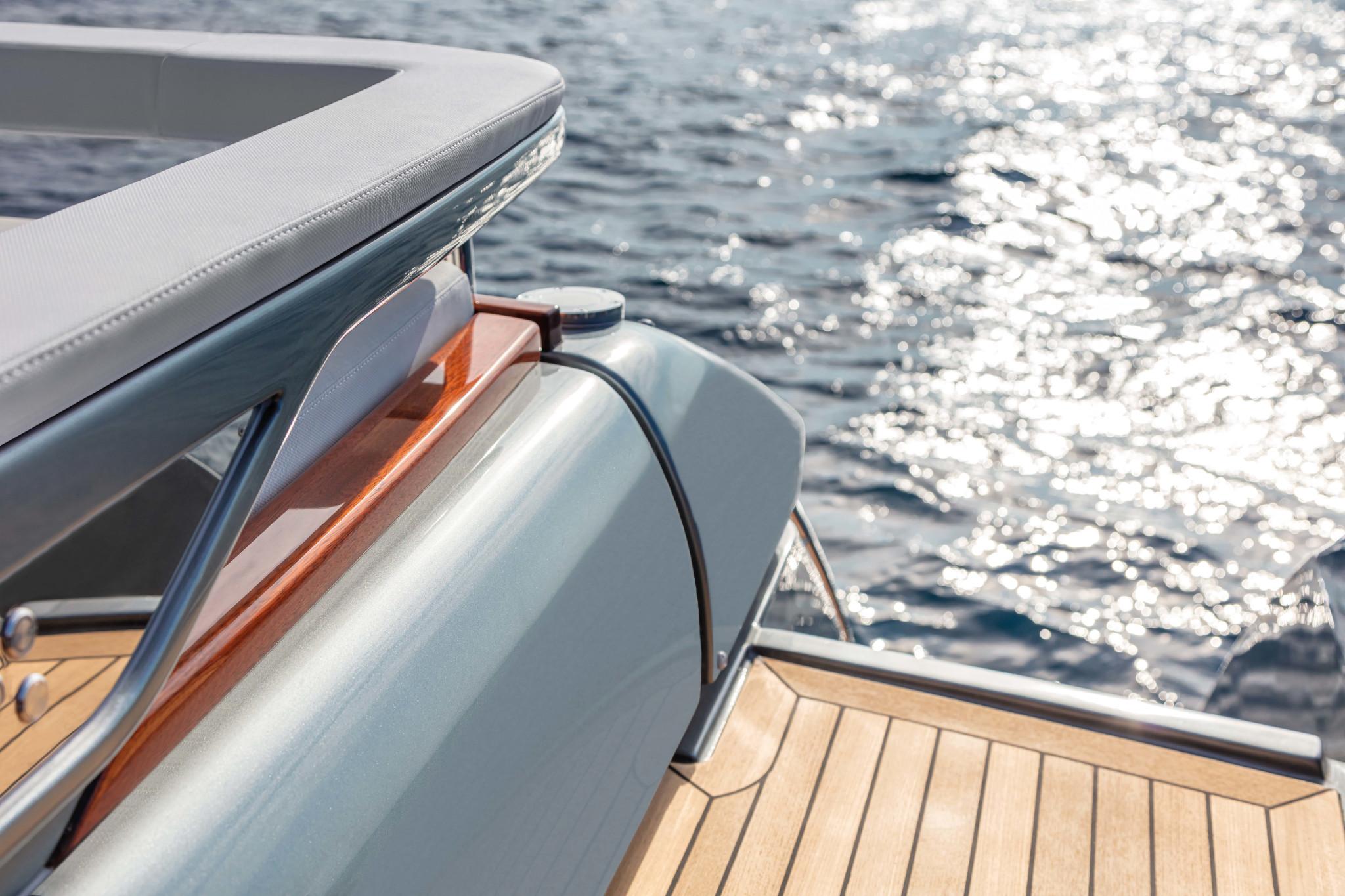 Luxury Riva Folgore 2025 yacht with sleek design on sparkling water.