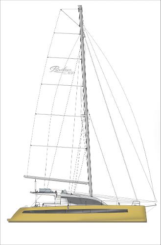 2025 Privilege Signature 650 catamaran, side view, white sails, yellow hull.