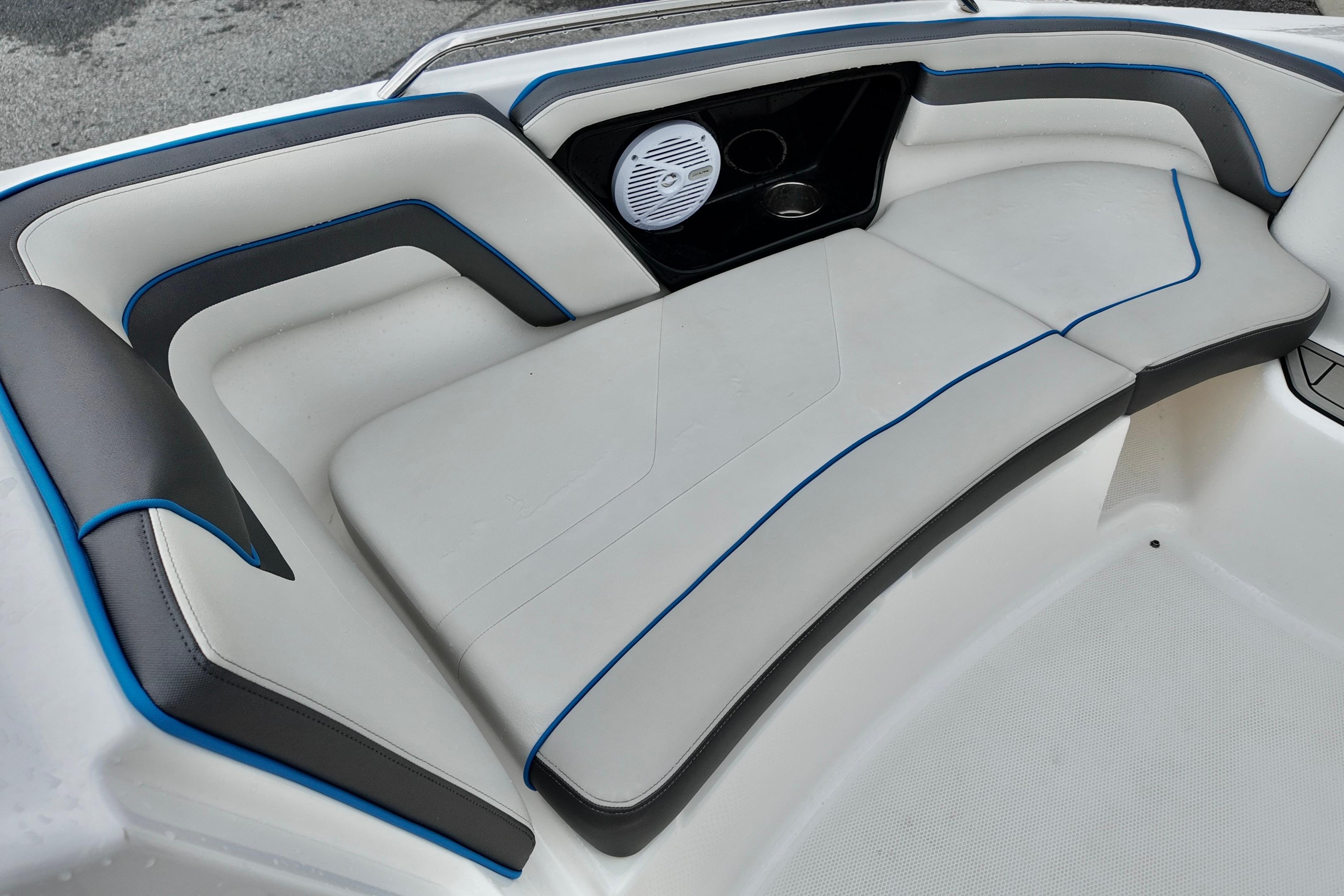 2020 Yamaha Boats AR240 interior seating with sleek design and integrated speaker system.
