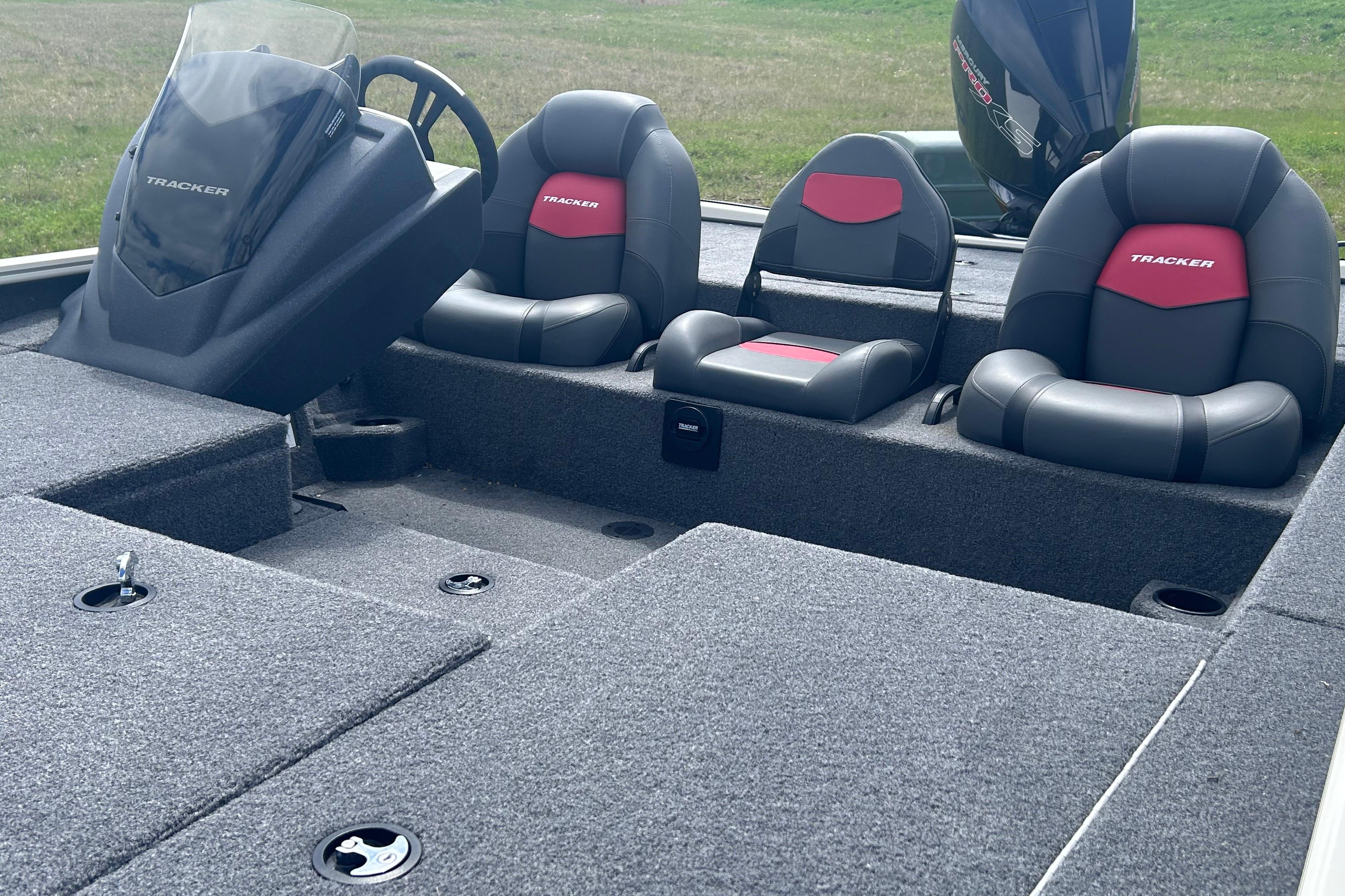 2025 Tracker Savage 215 boat interior with sleek seating and modern dashboard design.