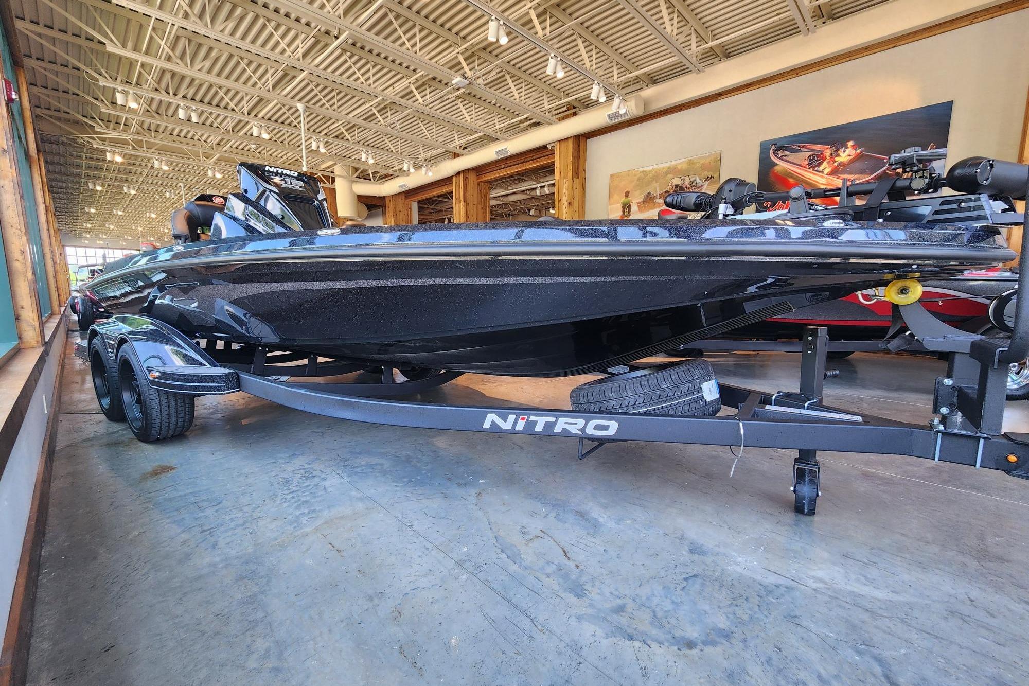 2026 Nitro Z19 XL Pro boat displayed indoors on a trailer.