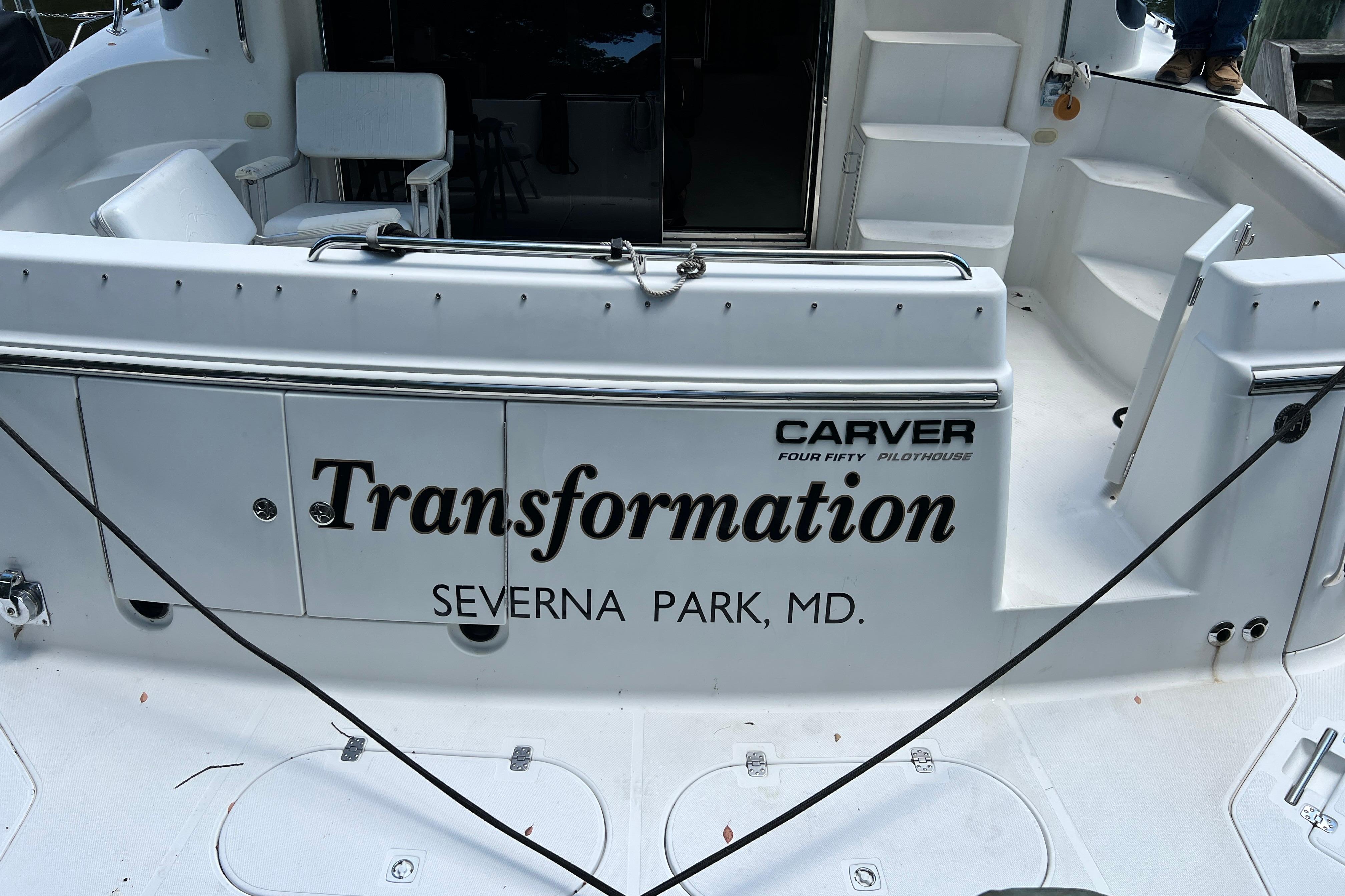 2003 Carver 450 Voyager Pilothouse boat named "Transformation" docked in Severna Park, MD.