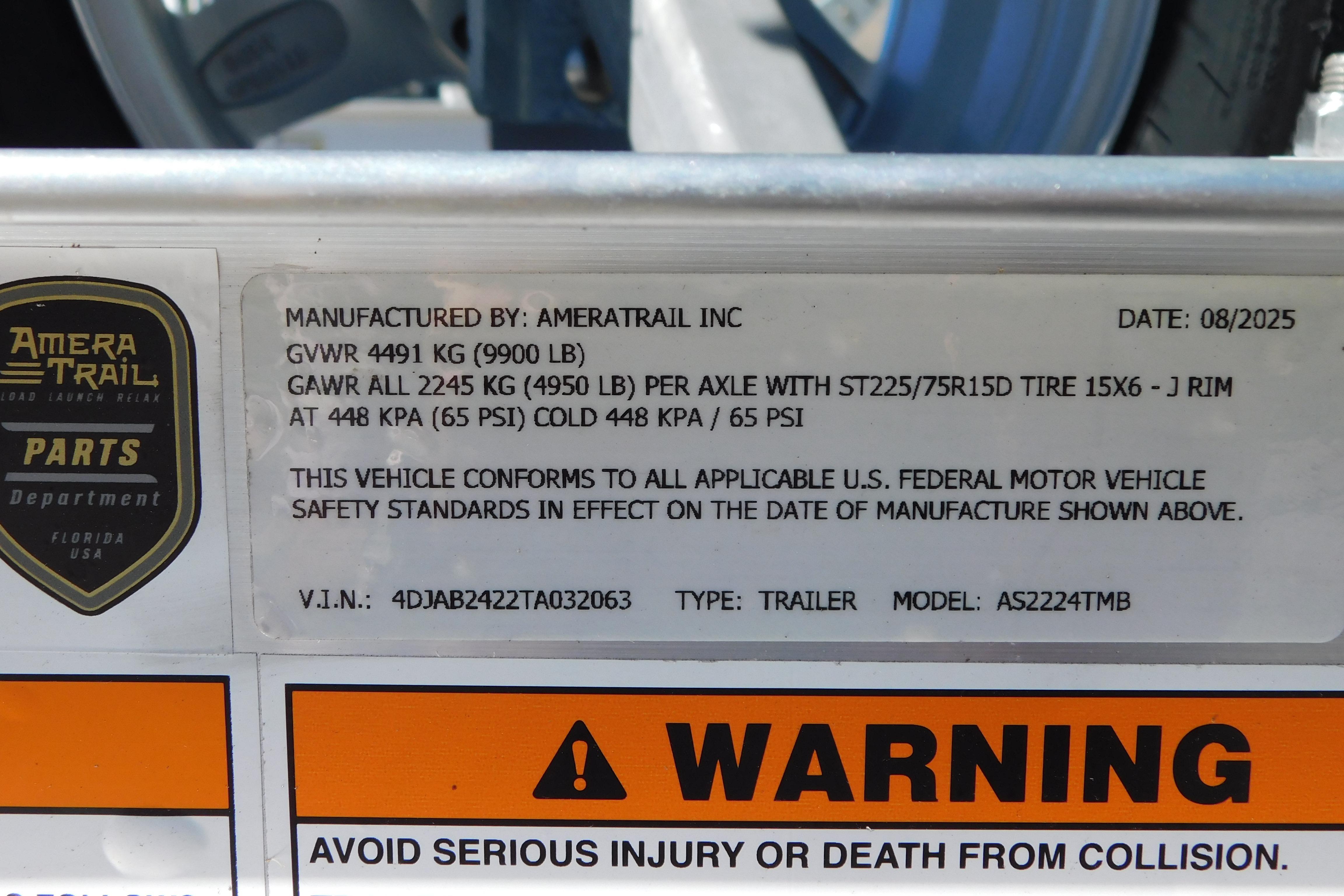 AmeraTrail trailer label with specifications and warning, manufactured August 2025, for Cobia 240 Dual Console 2026.