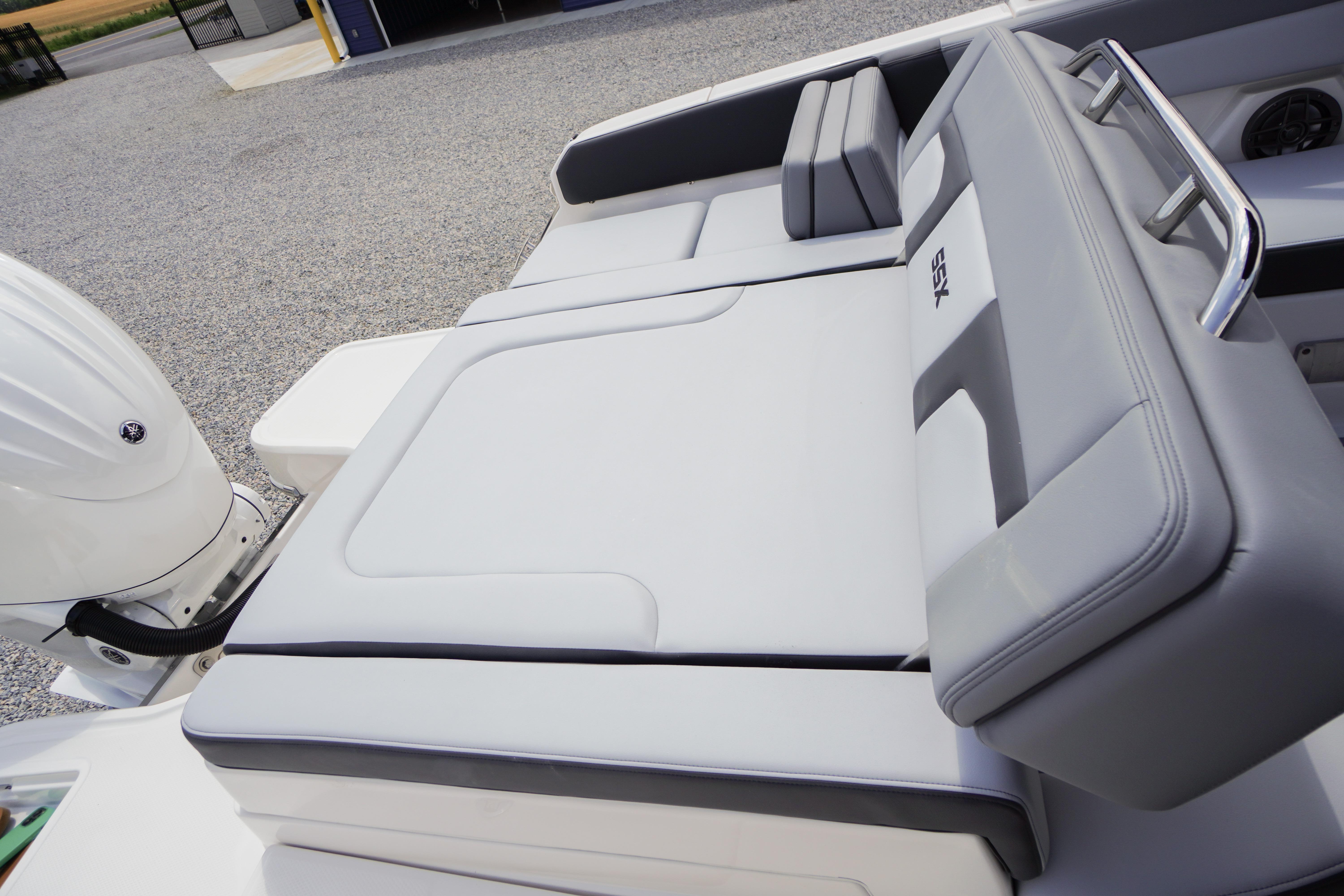 2026 Chaparral SSX 4 boat interior with sleek gray seating and modern design.