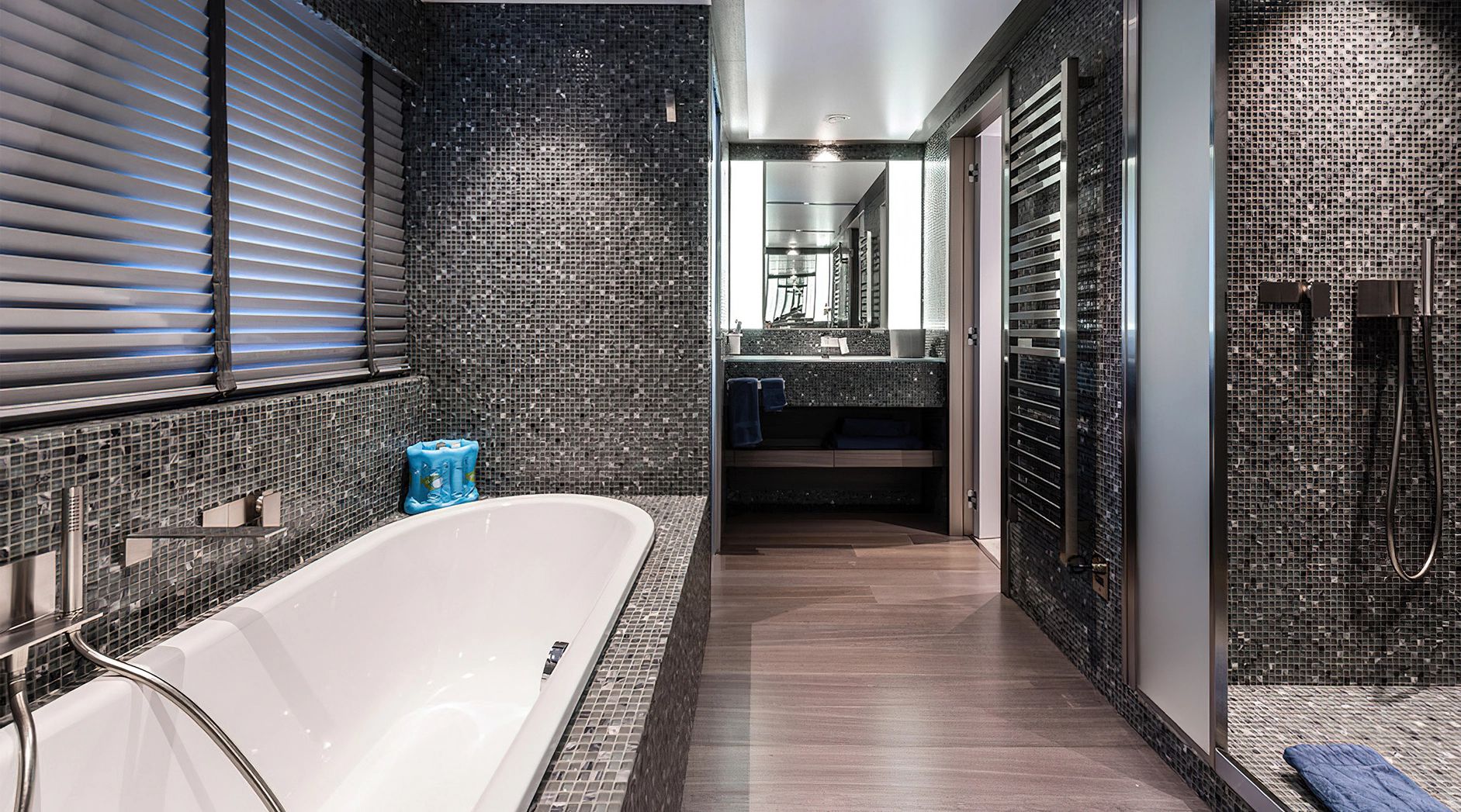 Luxurious bathroom with a freestanding bathtub and modern fixtures.