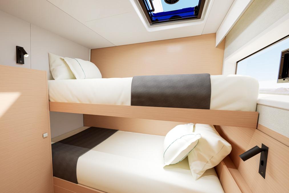 Interior of Lagoon 47 yacht with bunk beds, model year 2026.
