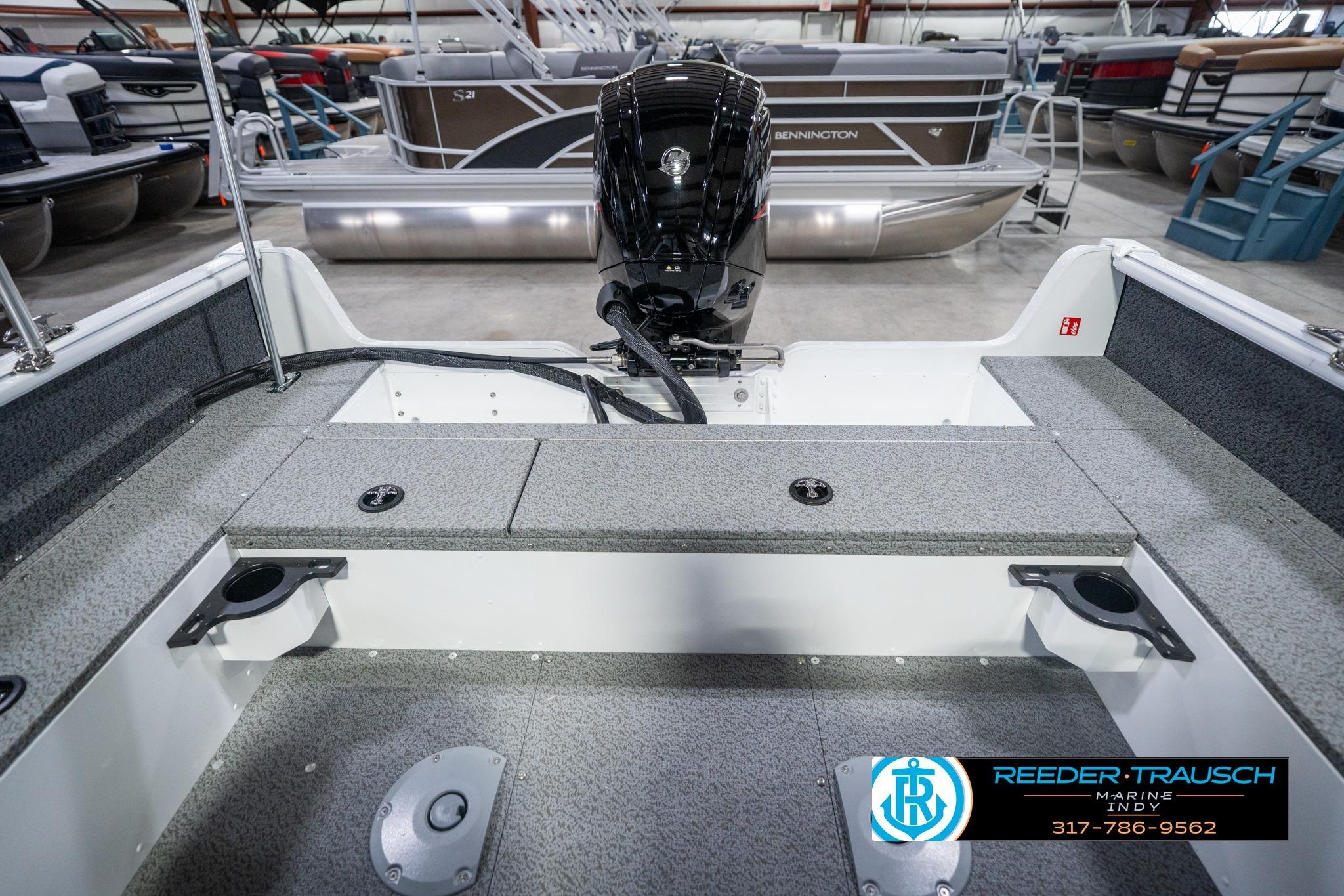 2026 Lund 1700 Explorer Sport boat interior with motor, showcased at Reeder-Trausch Marine.