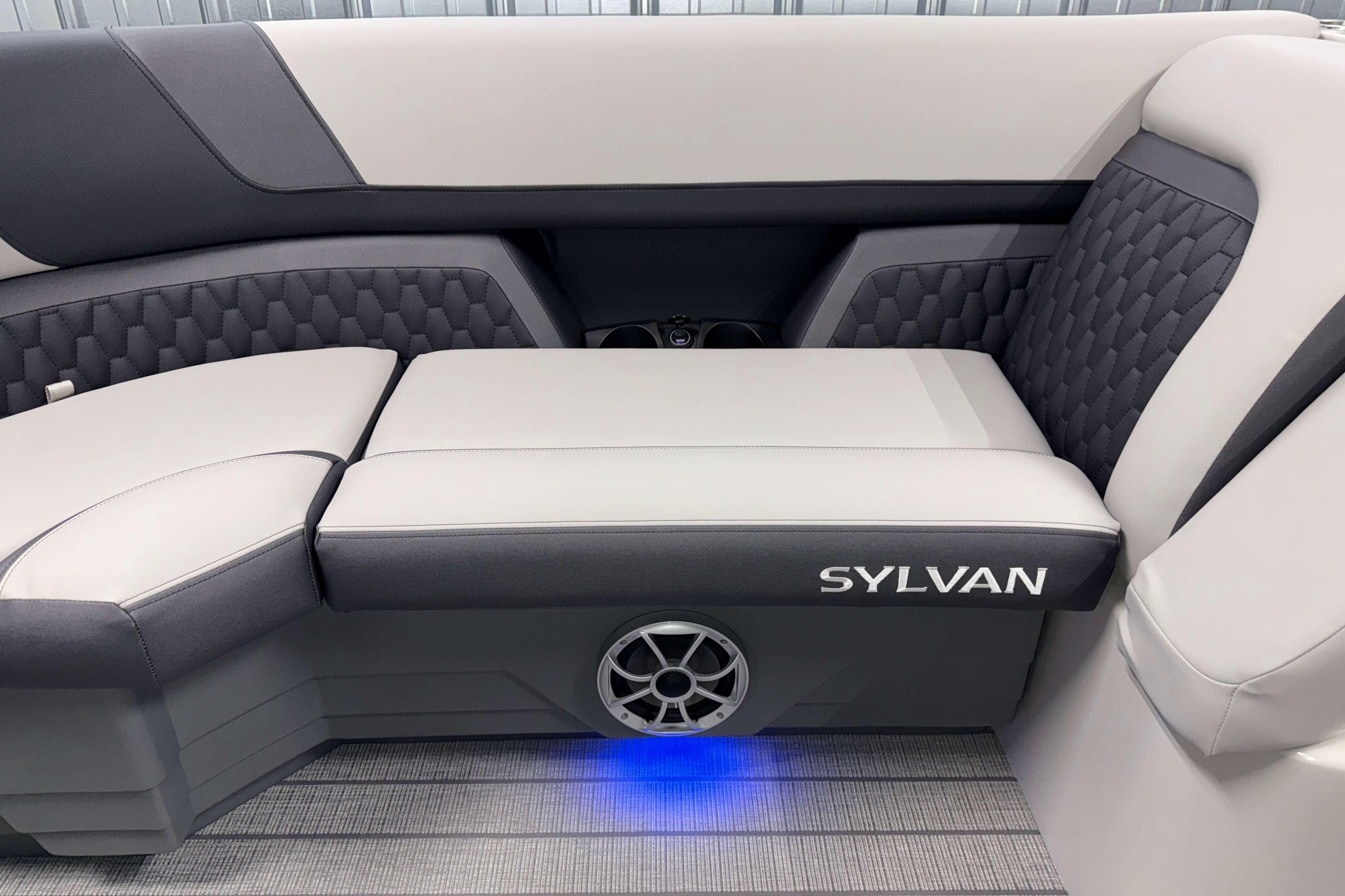 Luxurious seating in 2026 Sylvan L3 SLZ boat with elegant upholstery and ambient lighting.