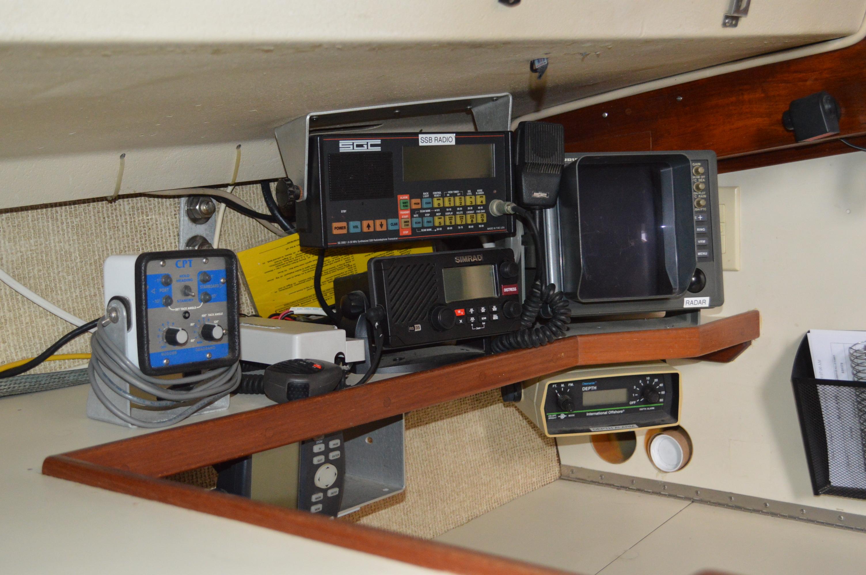1979 Morgan 461 yacht navigation equipment and communication devices in cabin interior.