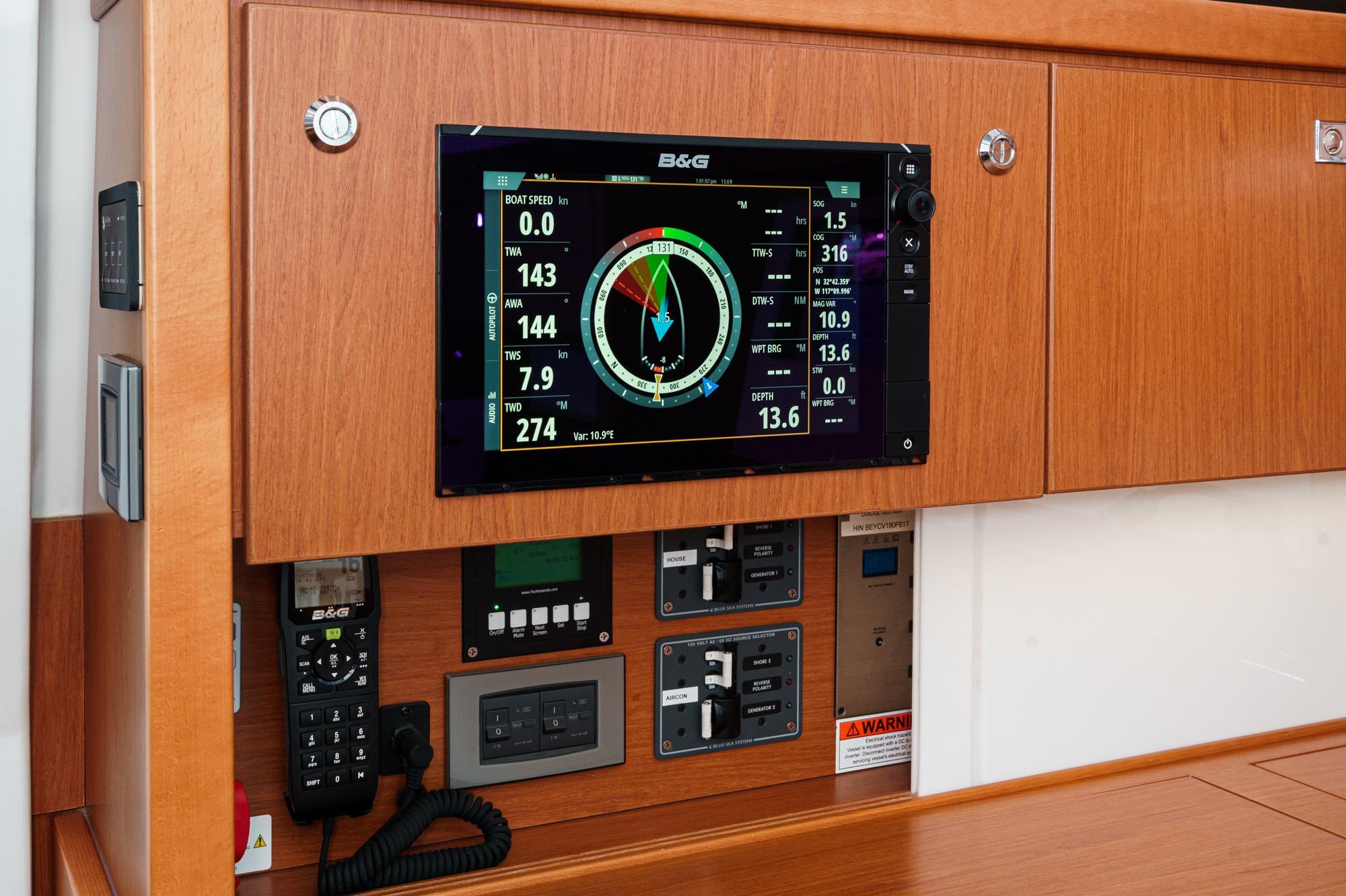 Navigation panel of a 2017 Beneteau Sense 50 yacht with B&G display and controls.