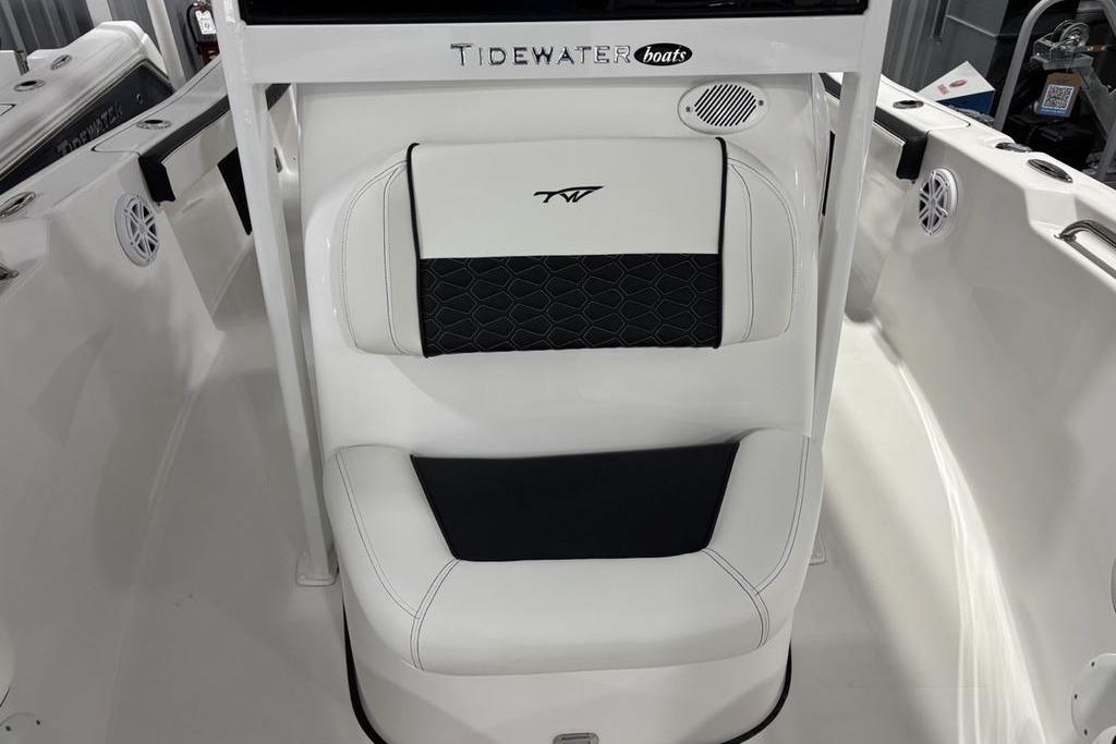 2026 Tidewater 198 CC Adventure boat seat with black and white upholstery.