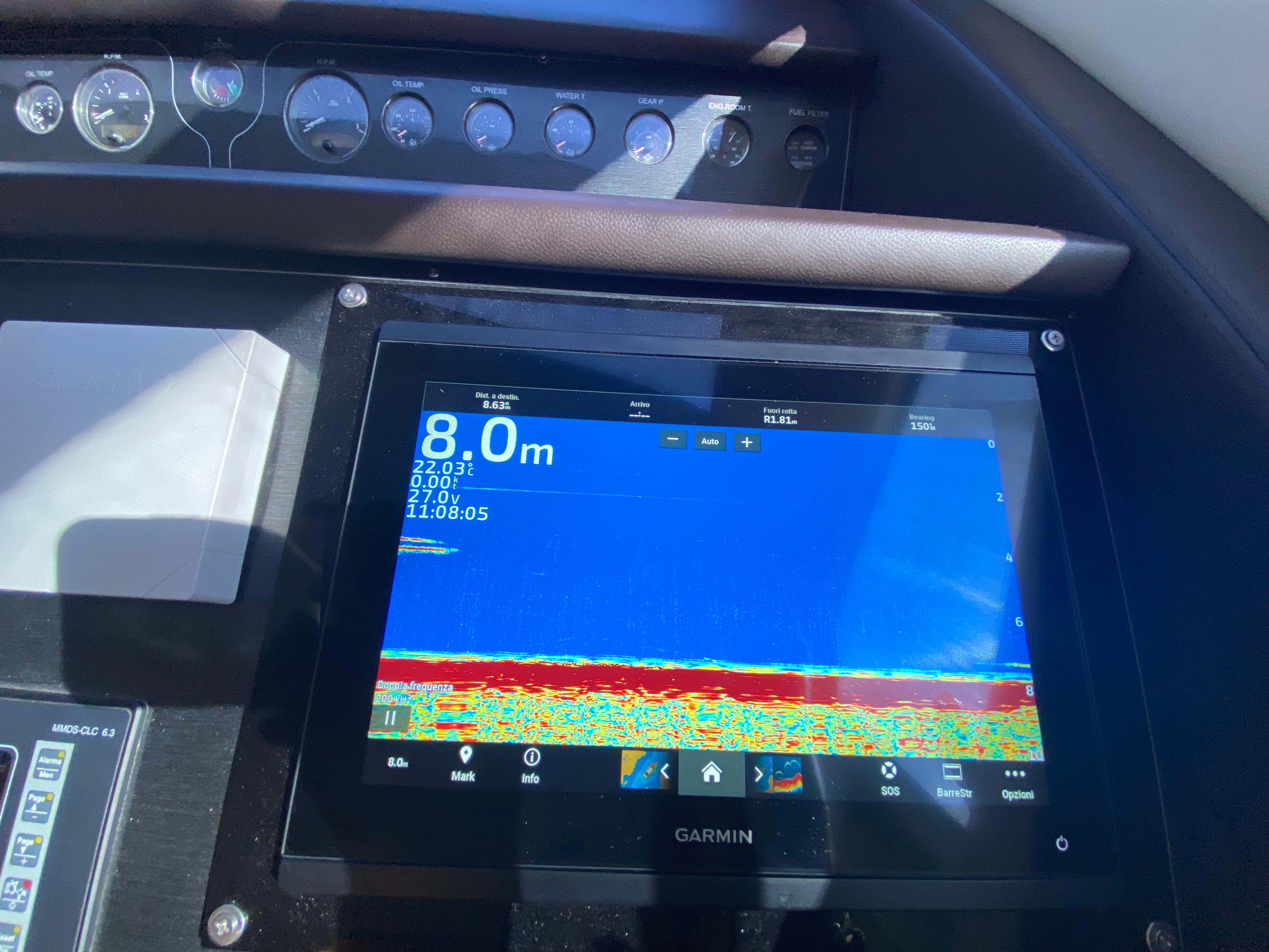 Sonar display on 2008 Dominator 680 yacht showing depth of 8.0 meters.
