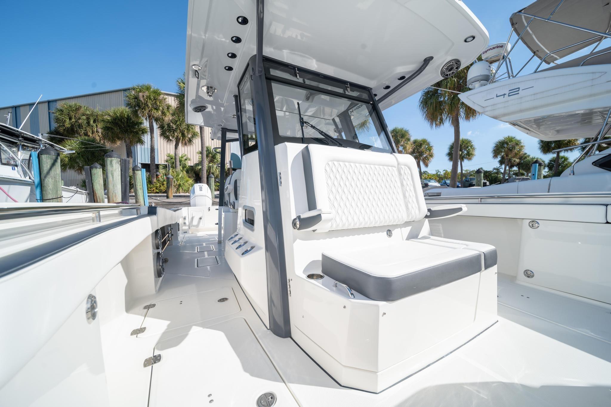 2022 World Cat 400 CC-X boat interior with seating, sleek design, and modern features.