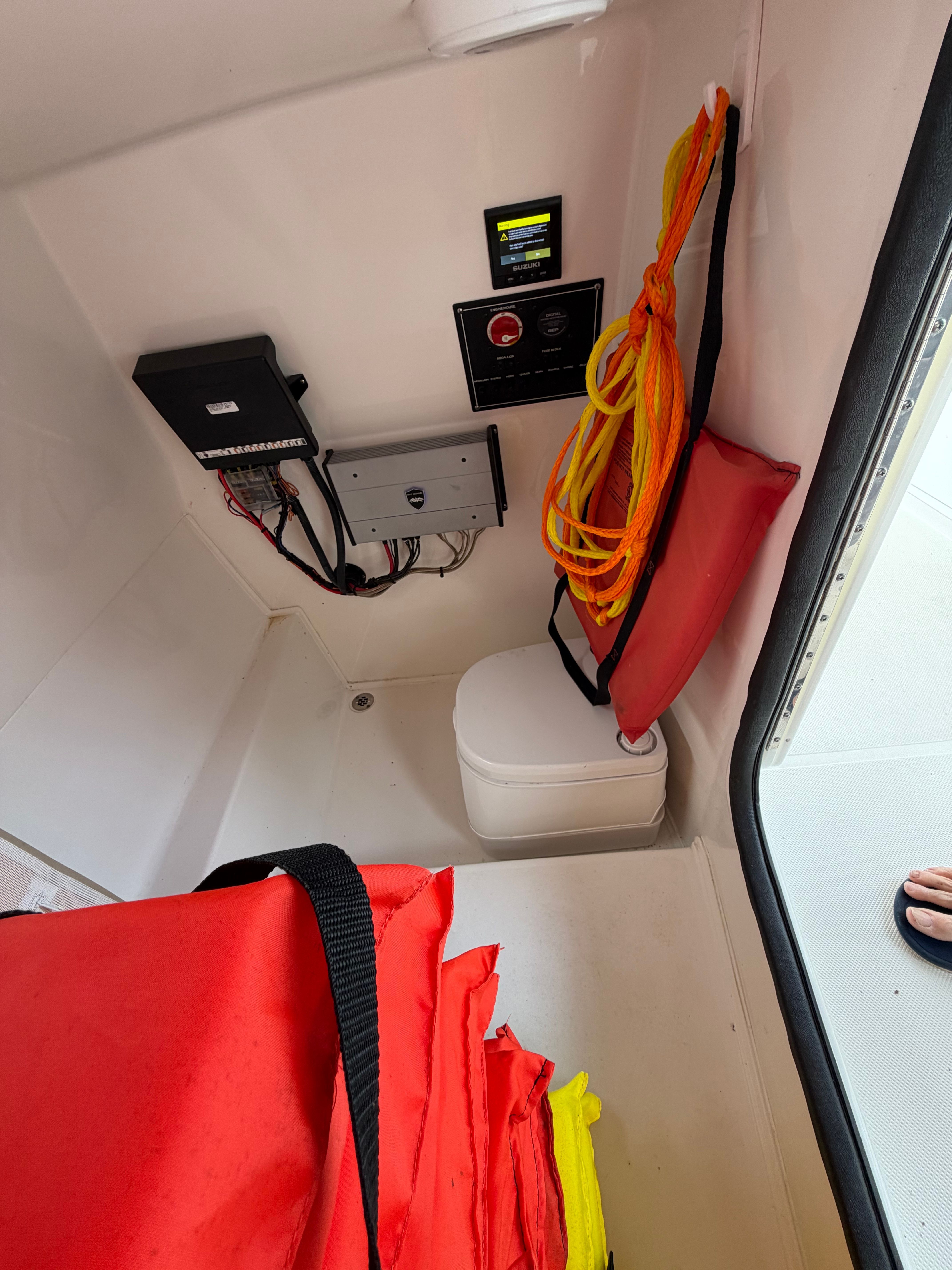 Interior of a 2021 Sea Pro Citation boat with safety equipment.