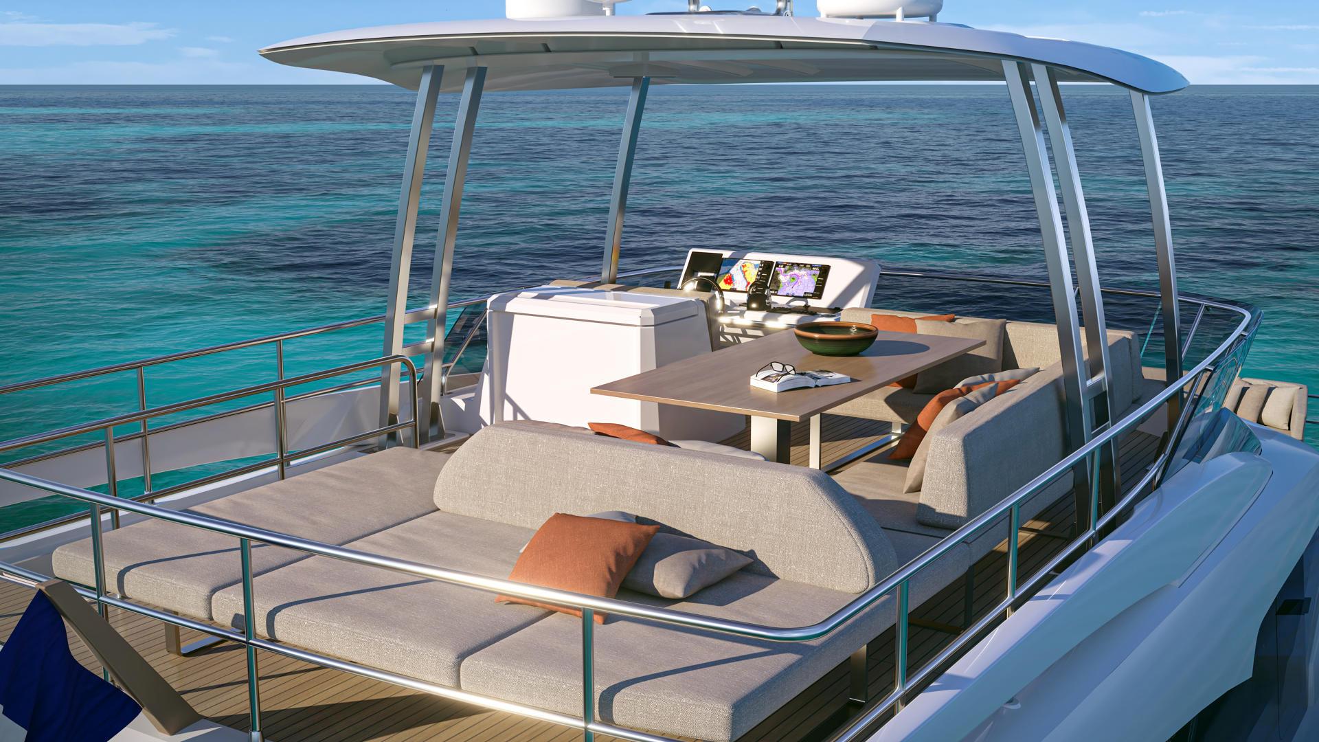 Prestige M48 2025 yacht with luxurious deck seating and ocean view.