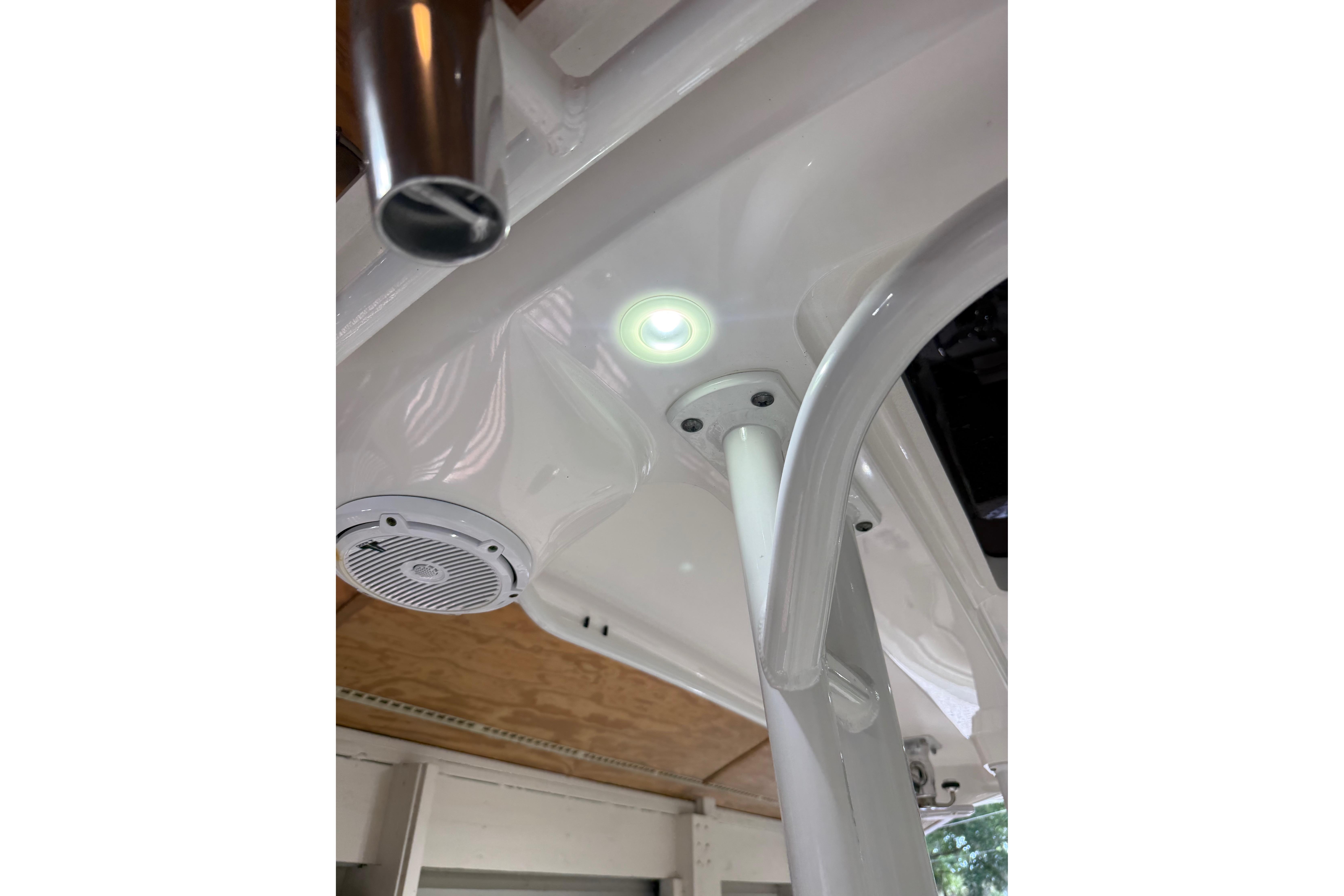 2022 Edgewater 280CC boat interior with speaker and LED light detail.