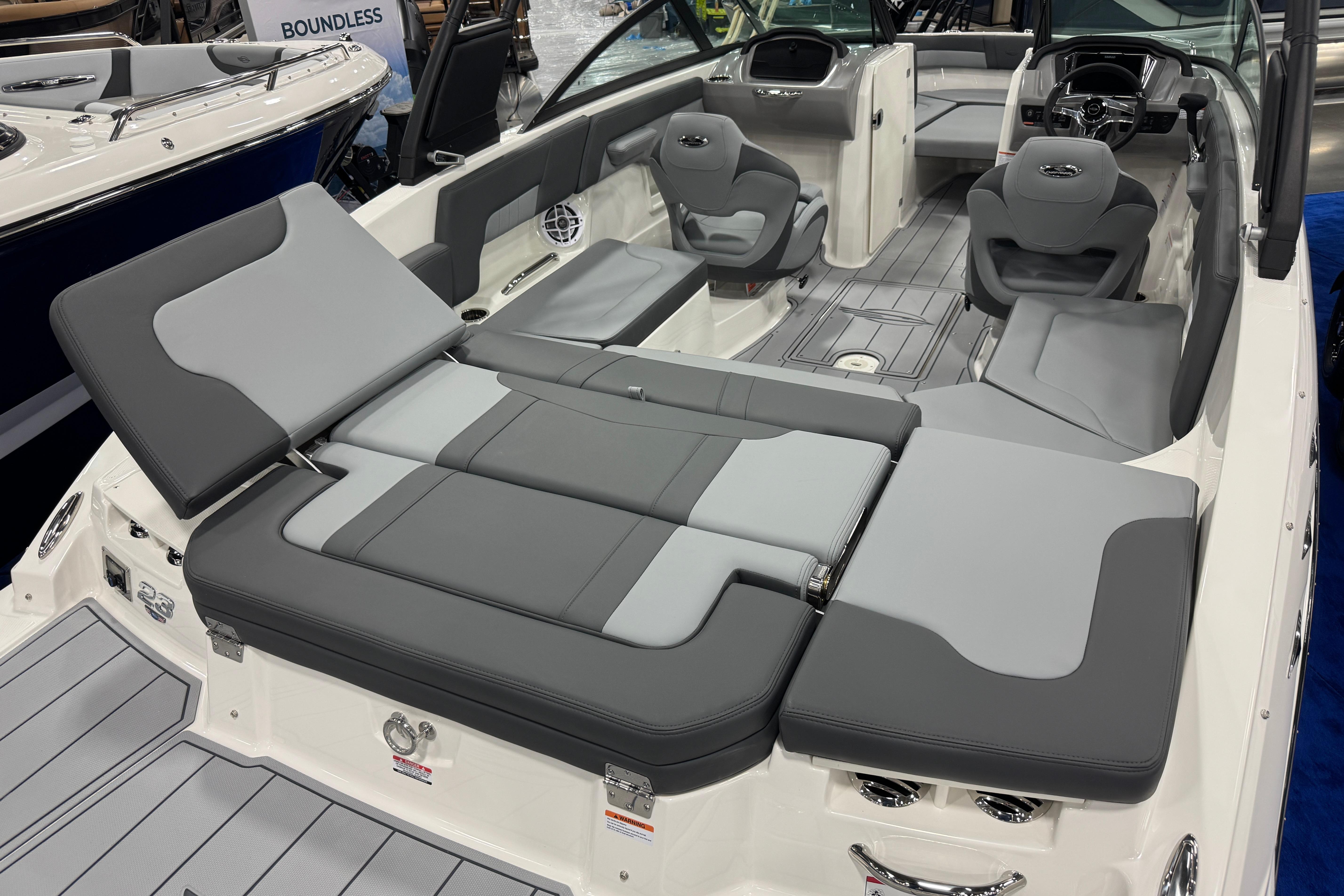 2026 Chaparral 23 SSi boat interior with gray seating and modern design.