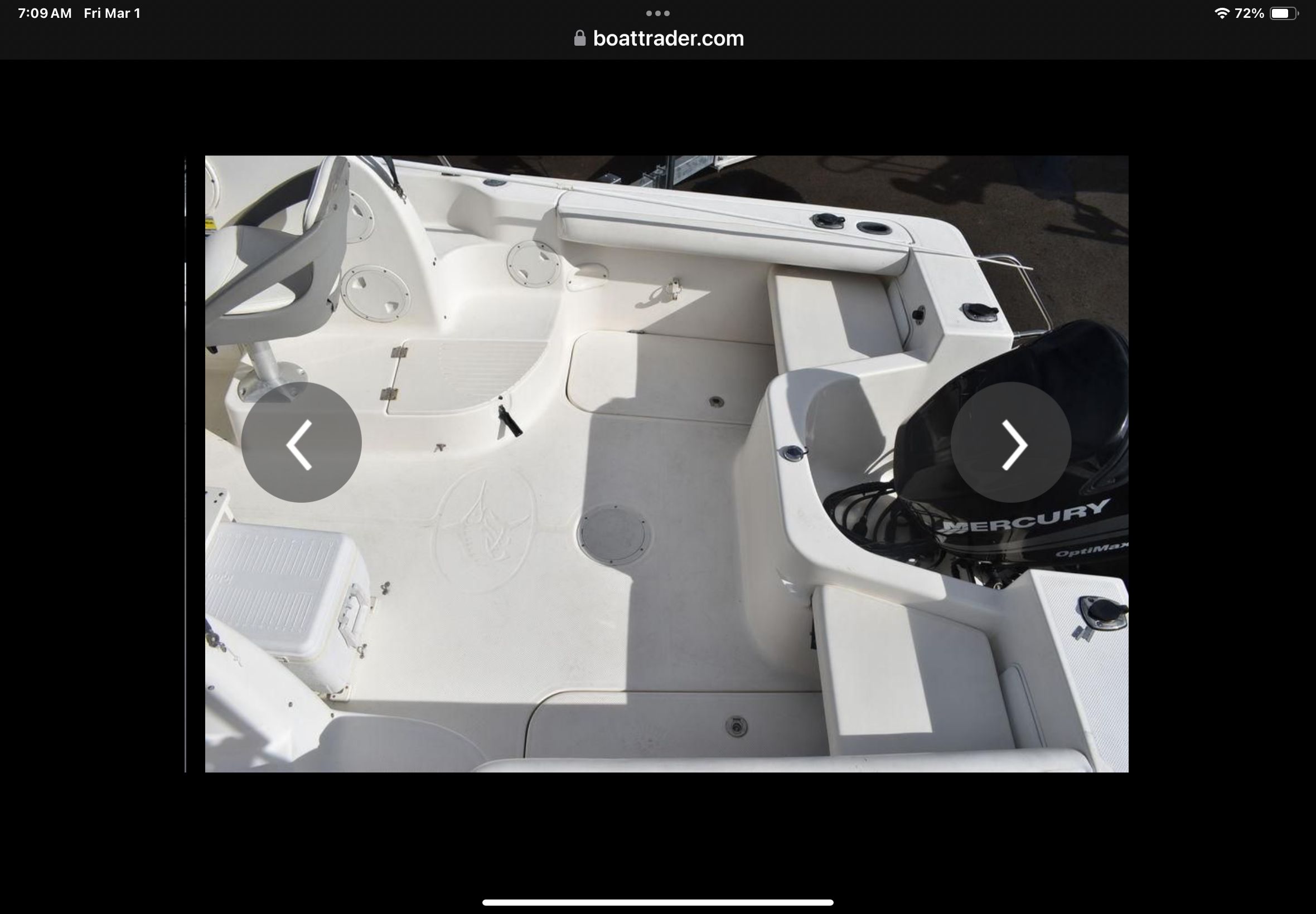 Interior of a 2008 Trophy 22 WA boat with Mercury engine.