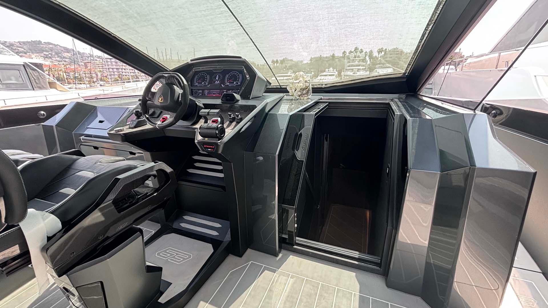 Interior of 2022 Tecnomar Lamborghini 63 yacht, featuring sleek design and advanced controls.