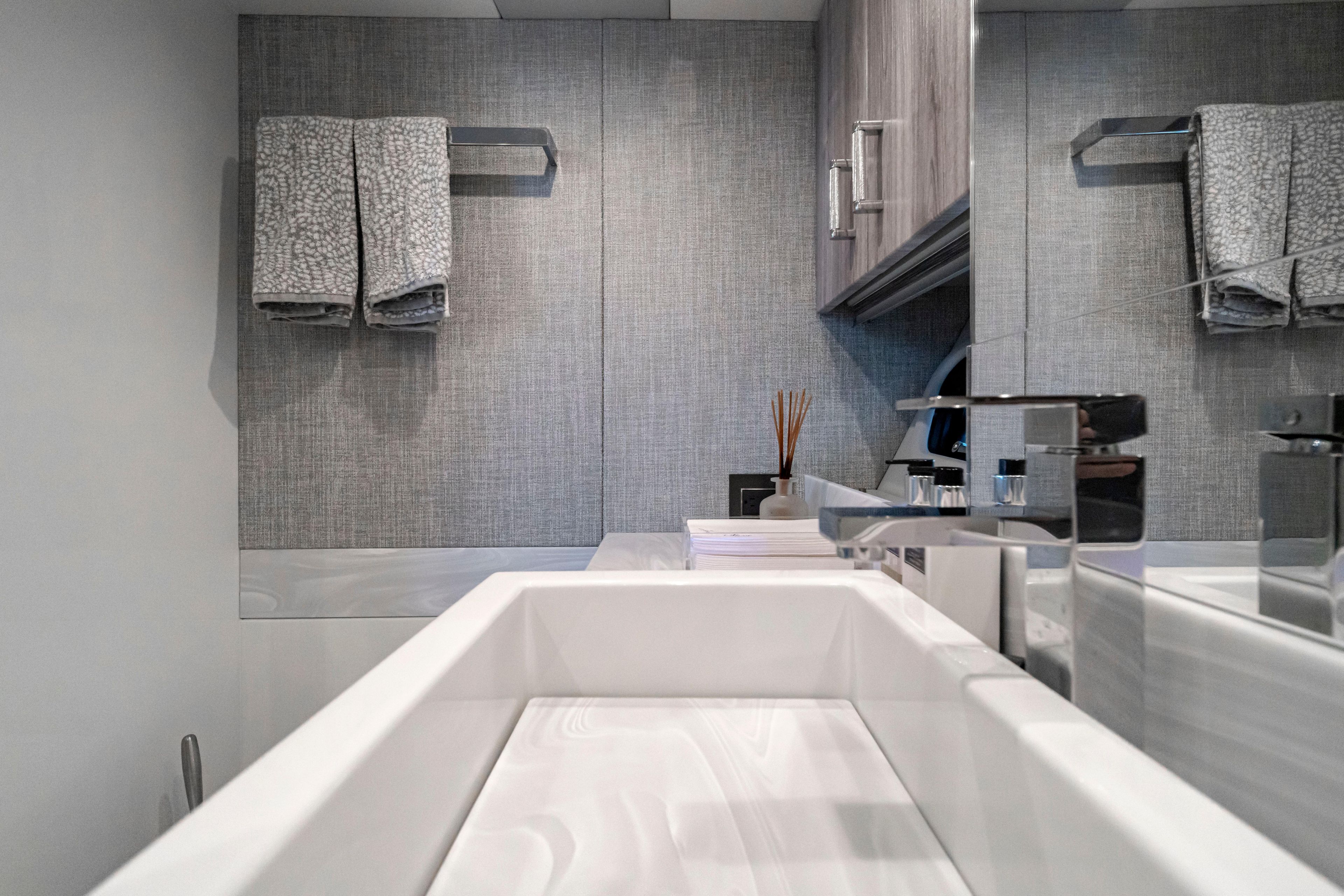 Modern bathroom interior in 2022 Formula 500 Super Sport Crossover yacht.
