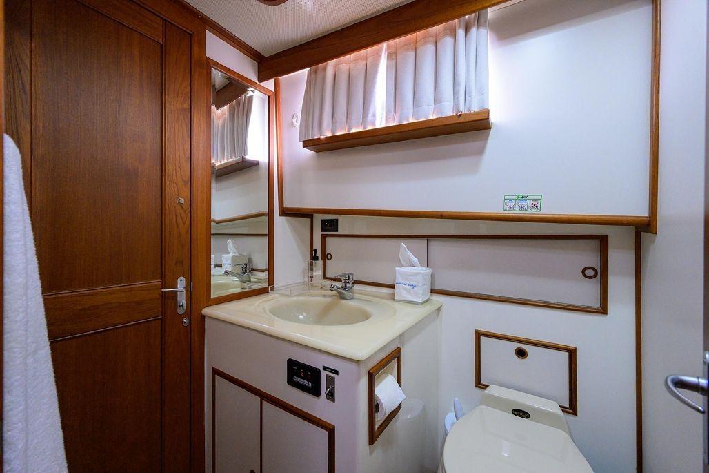Bathroom interior of 1999 Grand Banks 42 Europa yacht, featuring wood accents and modern fixtures.