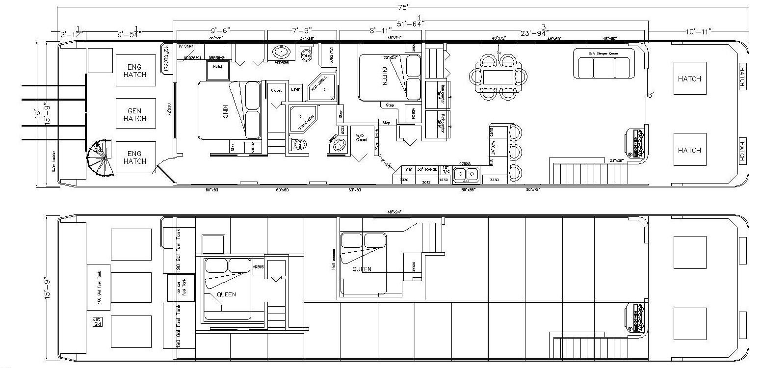 Floor plan of 2006 American Waterways Desert Rain Trip 15 houseboat.