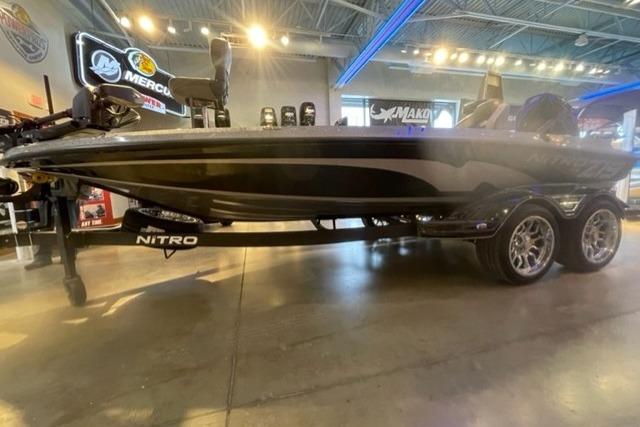 2026 Nitro Z19 XL Pro boat displayed in a showroom with modern lighting.