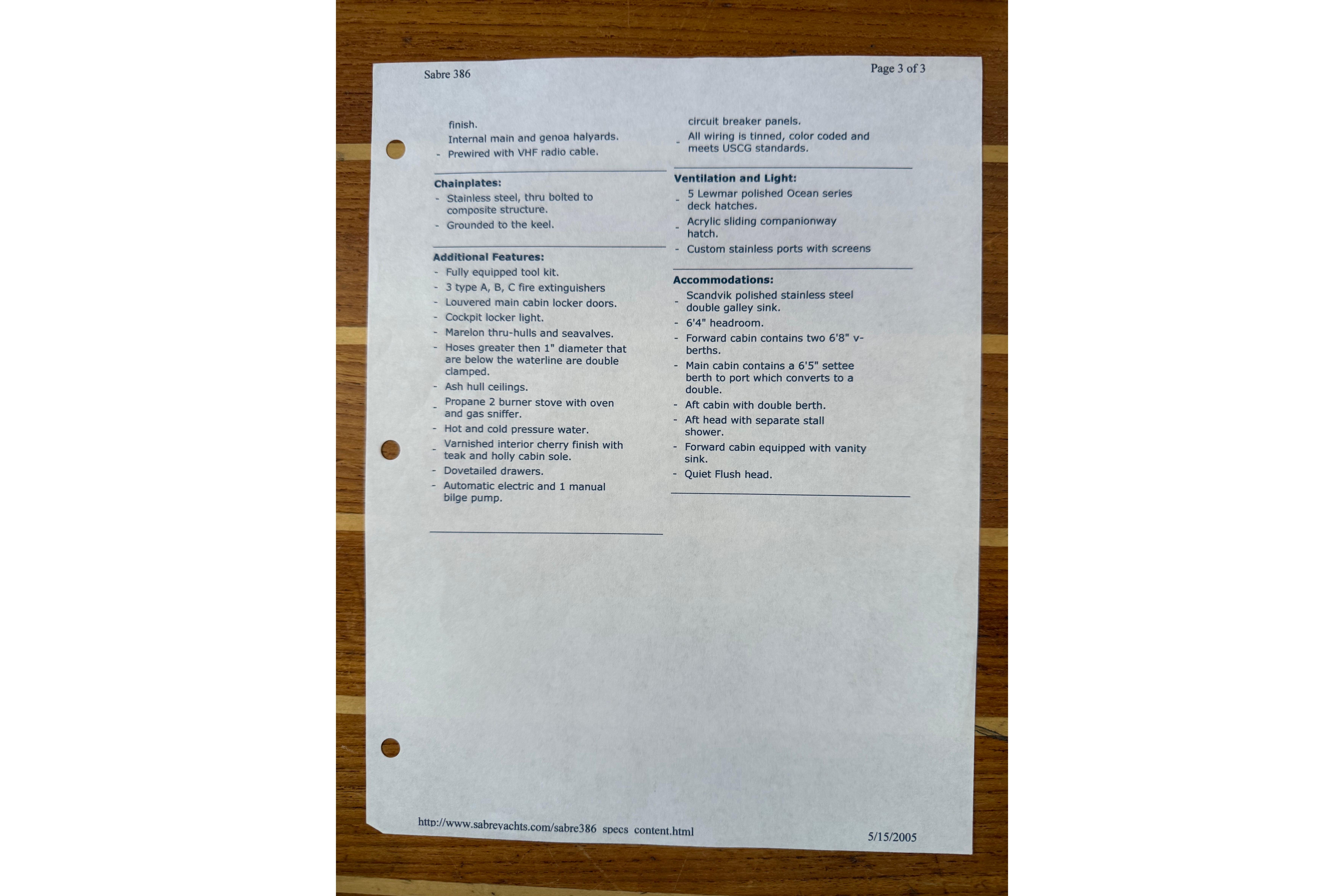 Sabre 386 yacht specifications page detailing features, accommodations, and ventilation for the 2004 model.