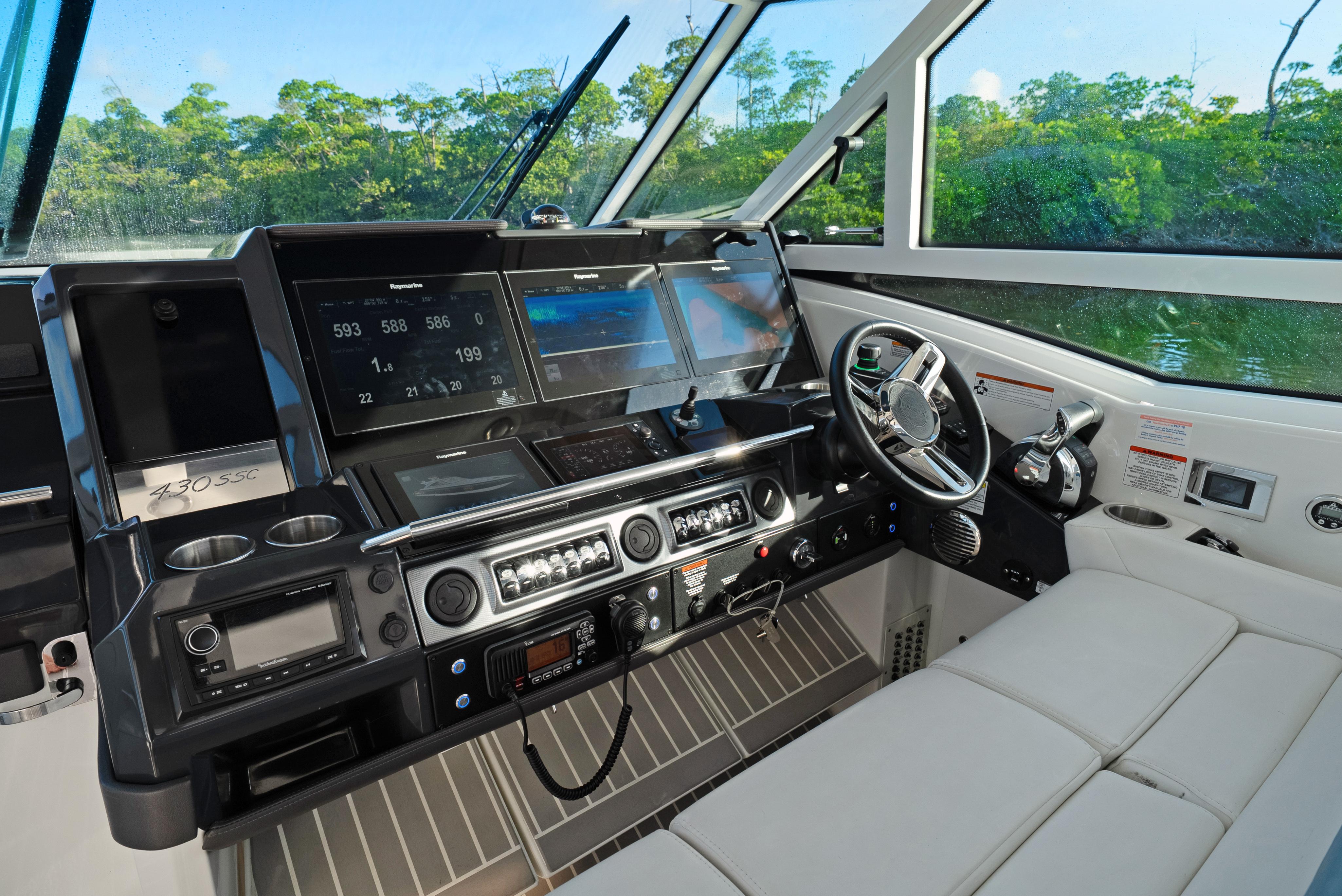 2018 Formula 430 Super Sport Crossover helm with advanced navigation and control systems.