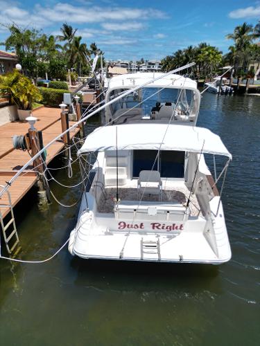 1992 Sea Ray 350 Express Bridge docked in a sunny marina.