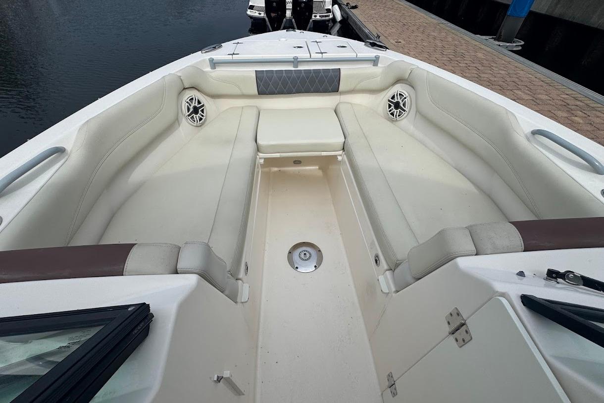 2020 Cobia 280 Dual Console boat interior with spacious seating and modern design.