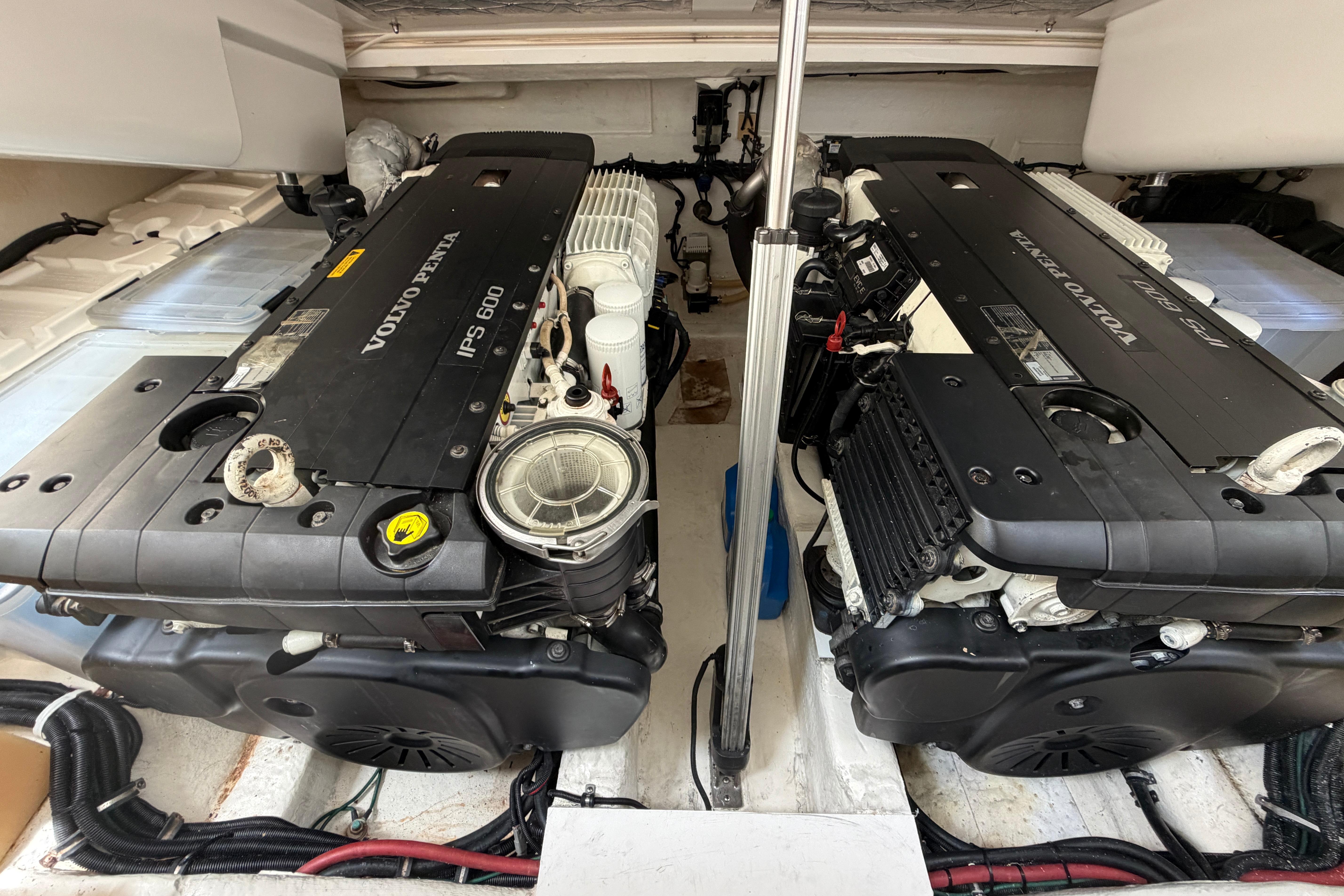 Engine room of a 2015 Riviera 445 SUV with Volvo Penta IPS 600 engines