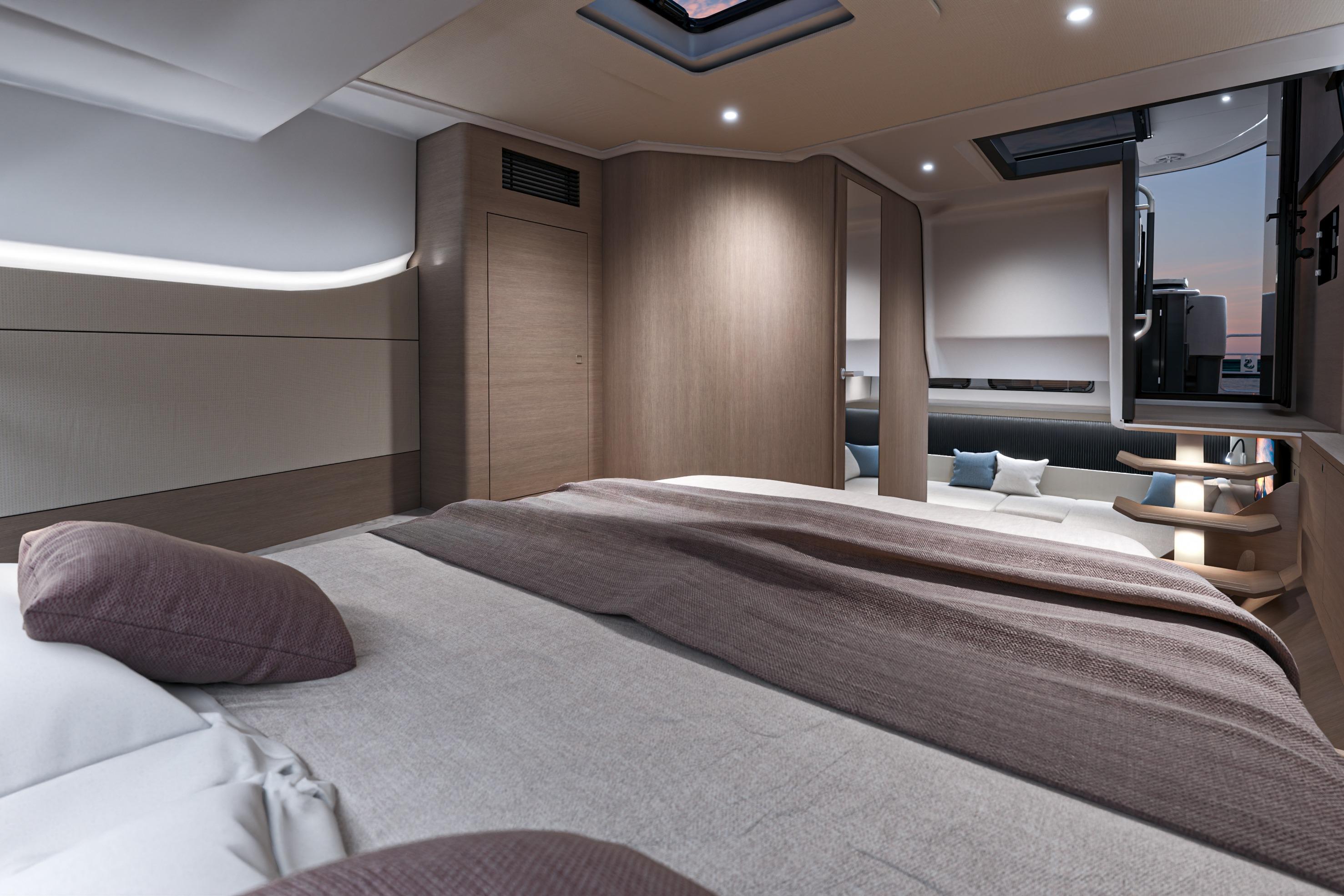 Luxurious interior of 2026 Beneteau Gran Turismo 40 yacht cabin, featuring modern design.