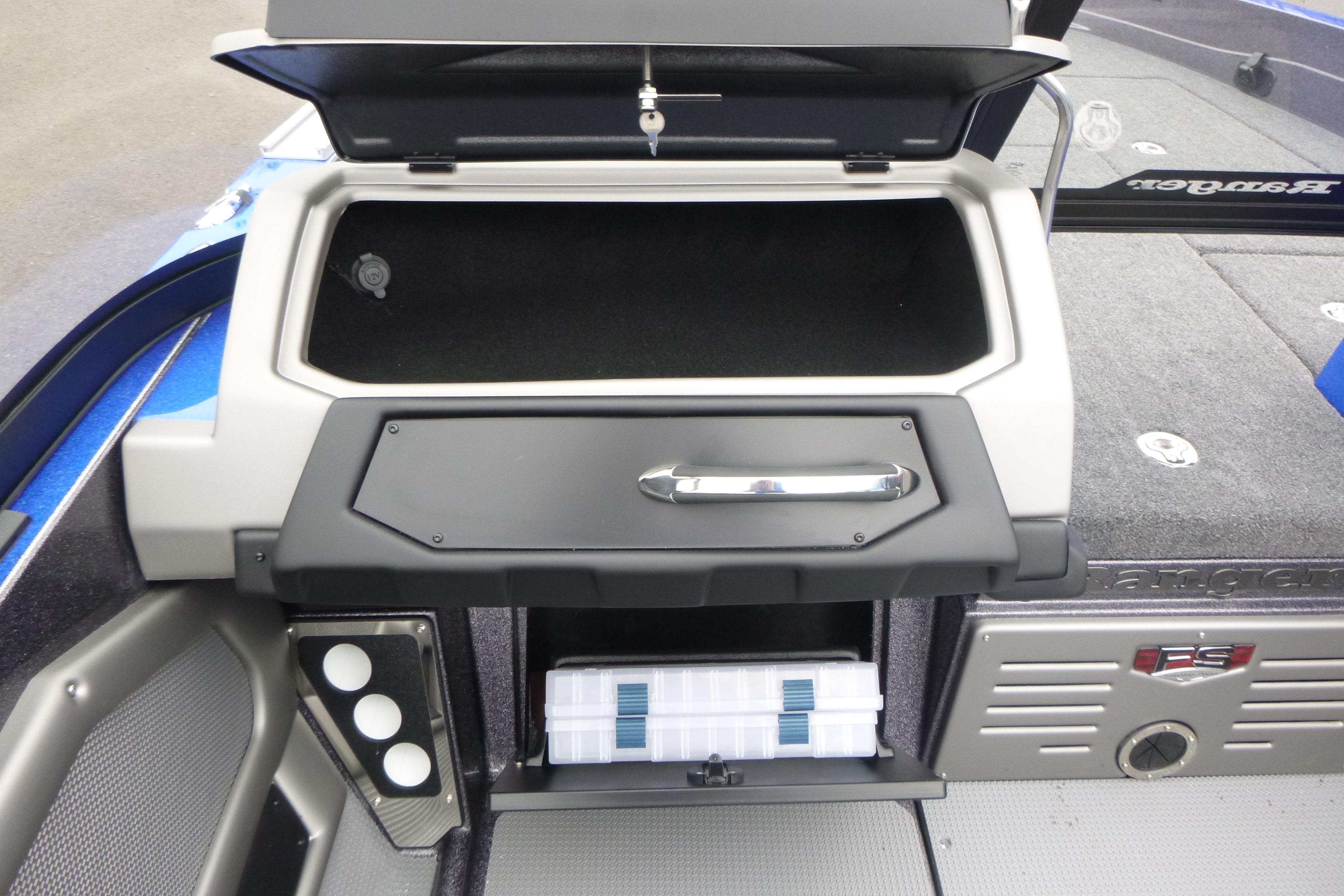 2026 Ranger 620FS Cup Equipped boat storage compartments and tackle box.