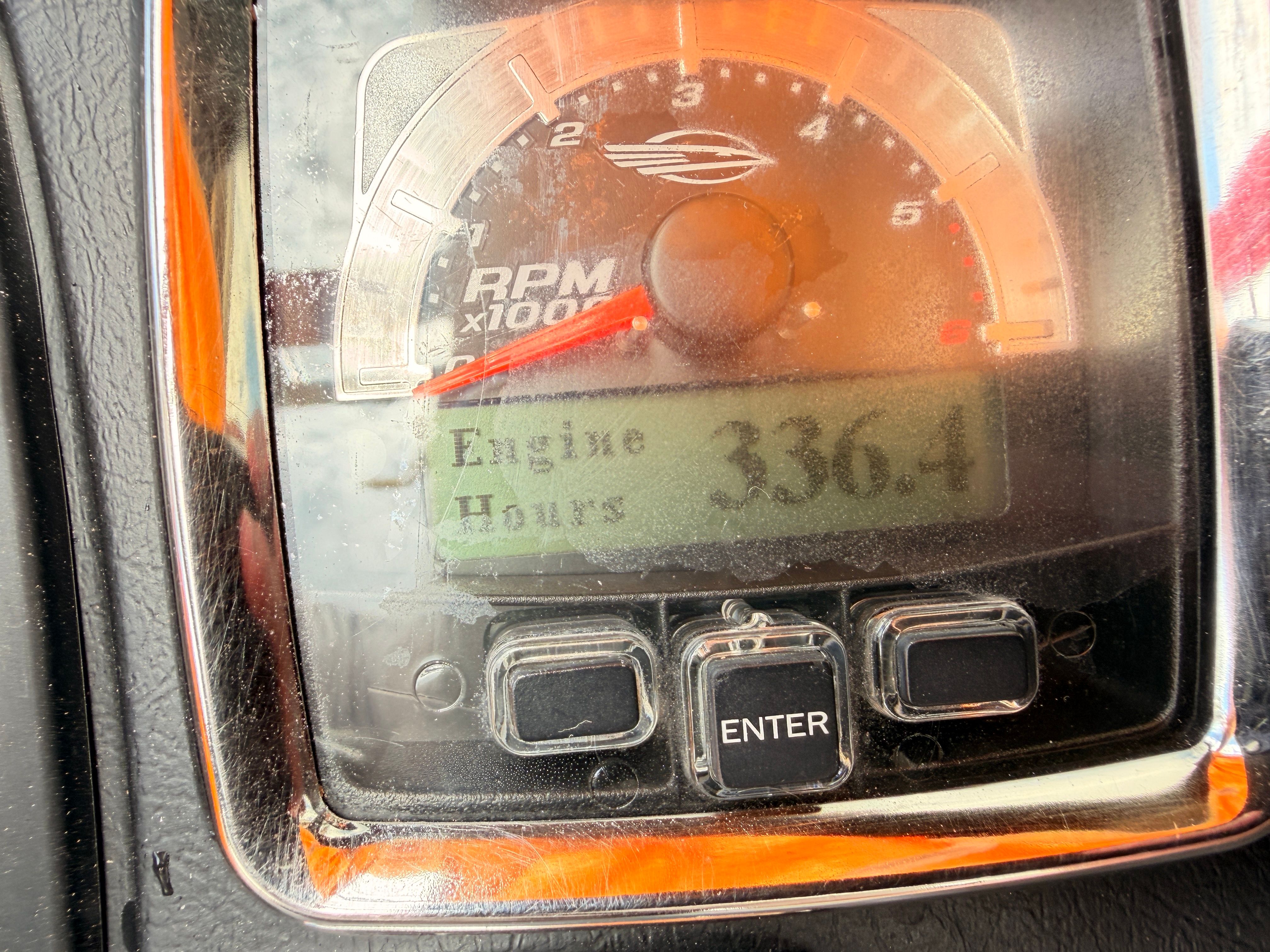 Close-up of a tachometer showing 336.4 engine hours on a 2008 Chaparral Sunesta 224.