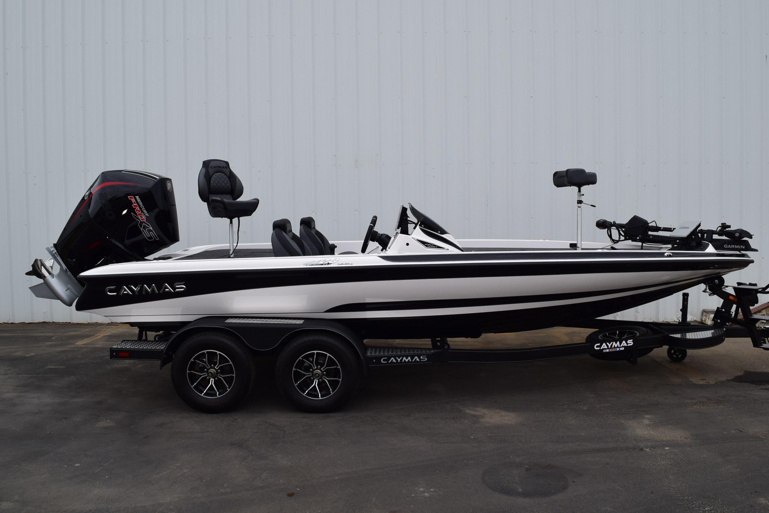 2027 Cayams CX 20 Pro boat on trailer, side view, white and black design.