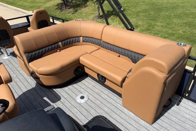 Luxurious seating on 2026 Ranger 223F boat with tan upholstery and modern design.