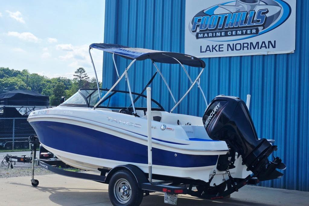 2018 Tahoe 450 TS boat at Foothills Marine Center, Lake Norman, with Mercury outboard motor.