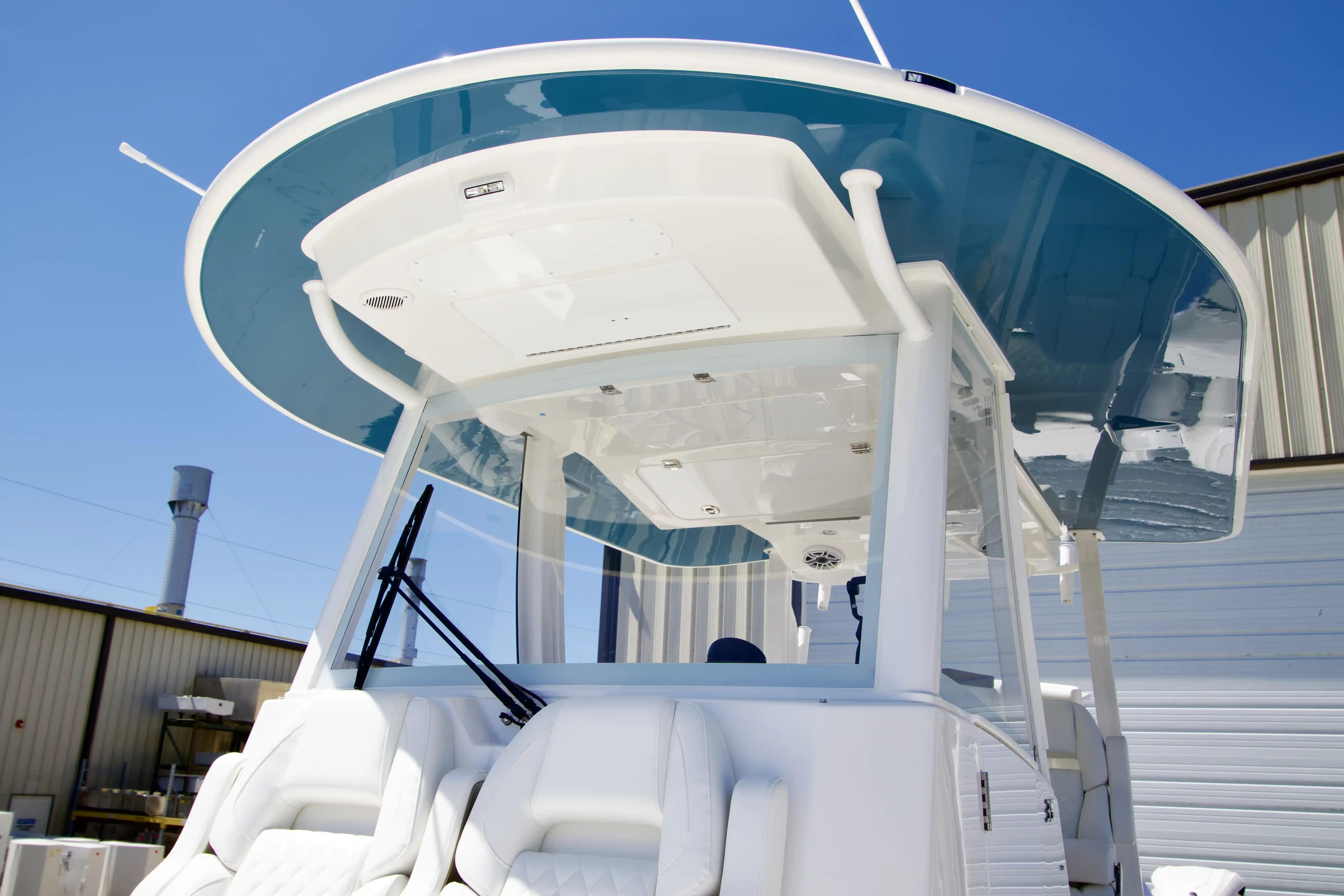 2027 Regulator 35 boat with sleek design and modern features, viewed from below.