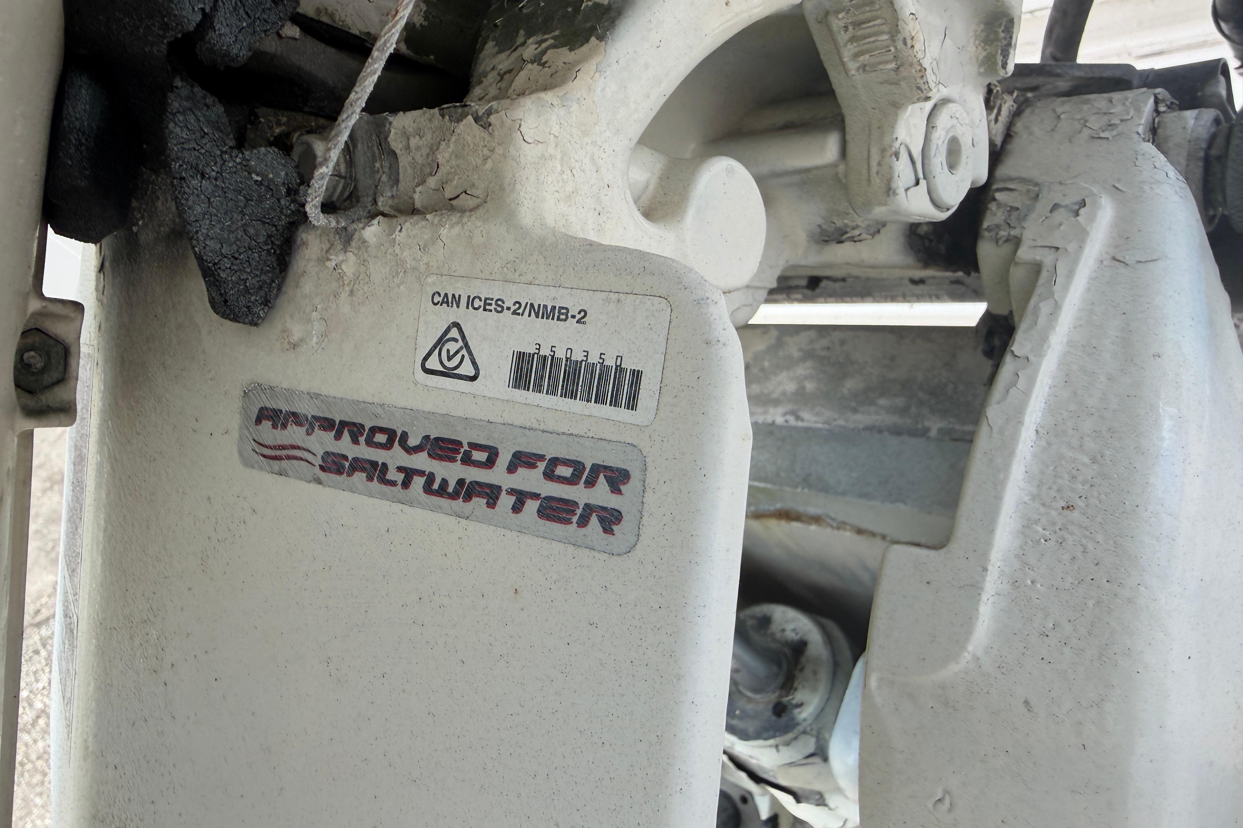 Close-up of a Grady-White Seafarer 226 boat part, labeled "Approved for Saltwater."