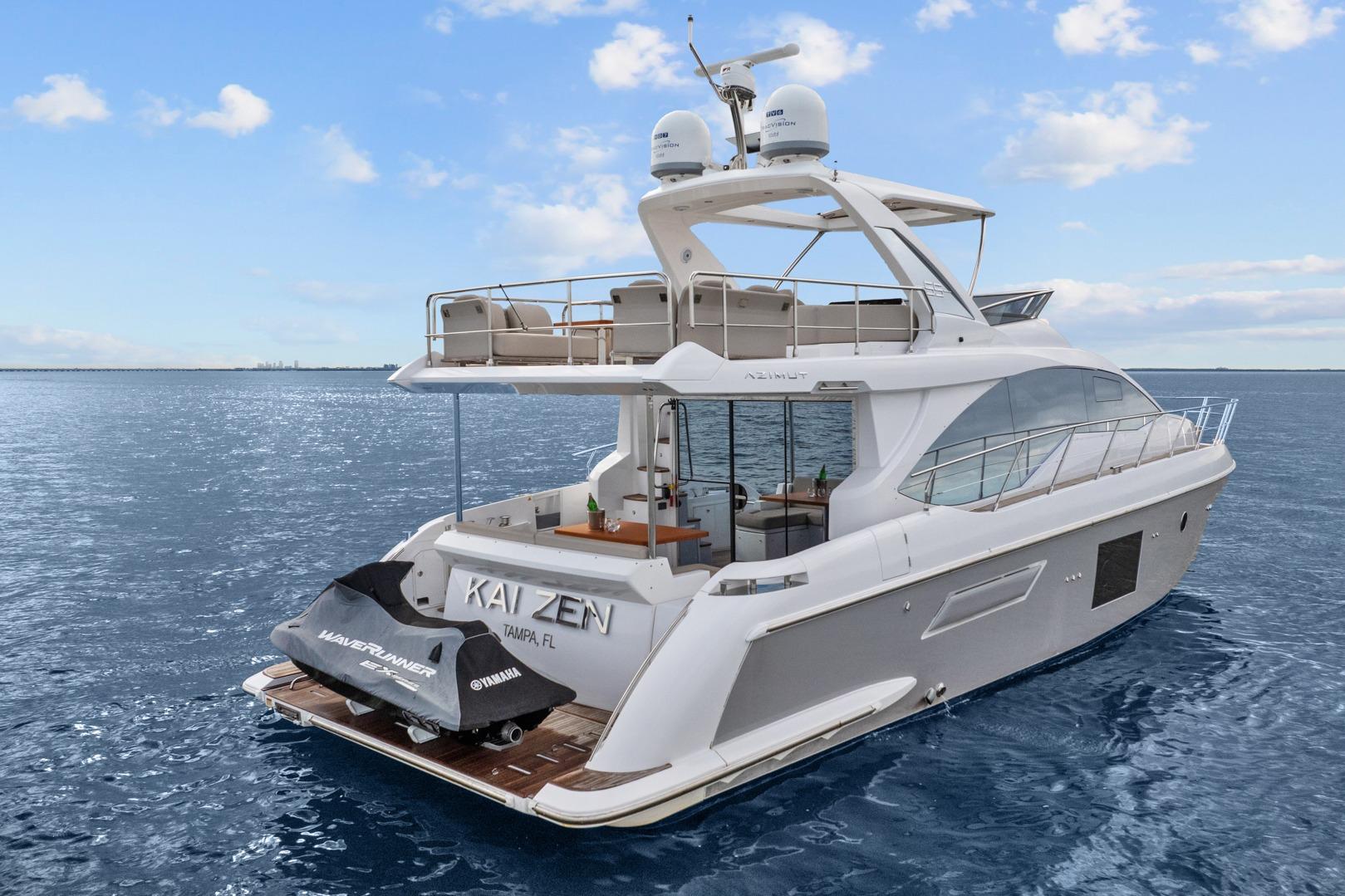 Luxury 2019 Azimut 55 yacht on open water, featuring sleek design and spacious deck.