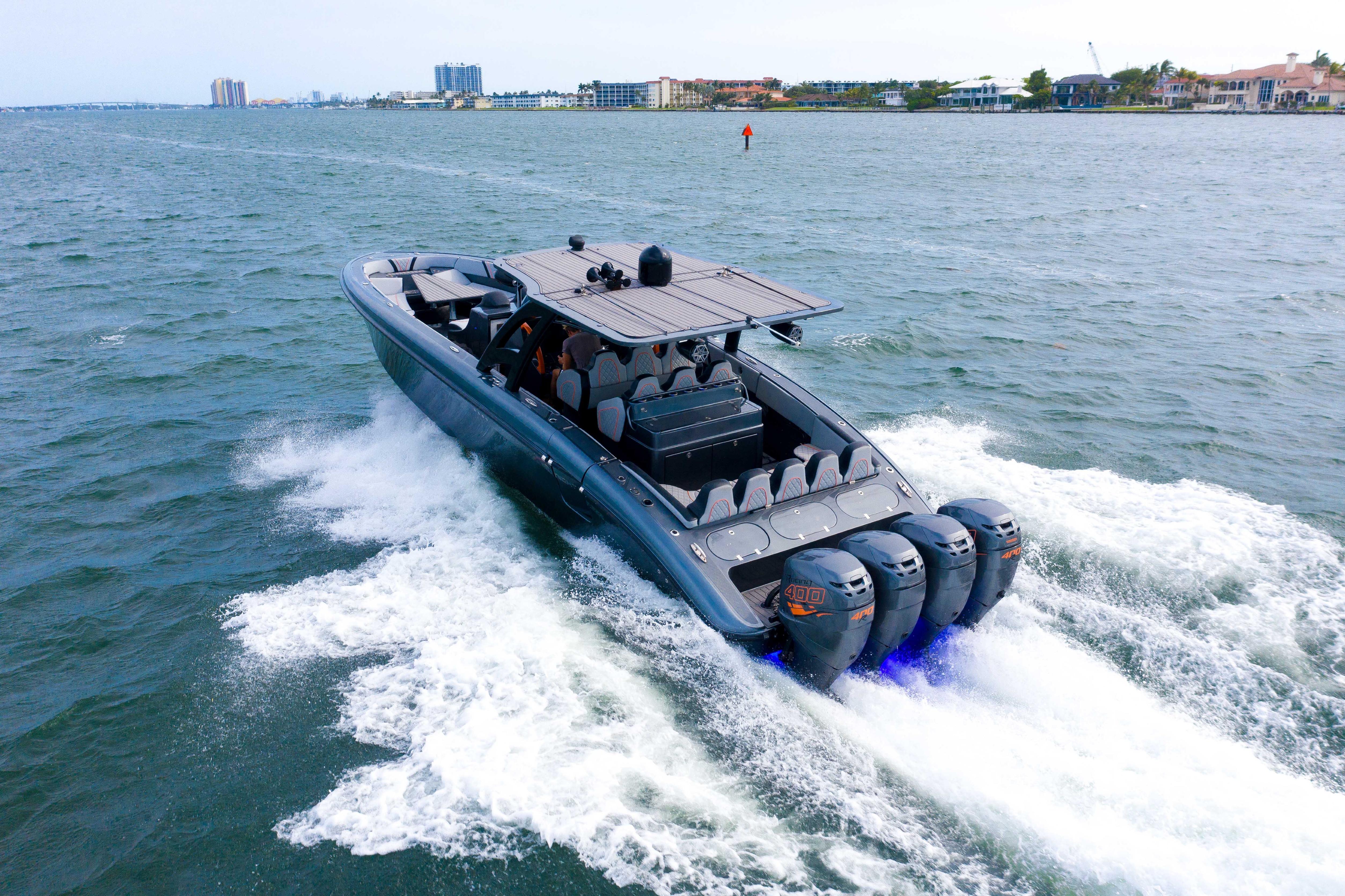 2019 Midnight Express 43 Open boat cruising on water with powerful engines.