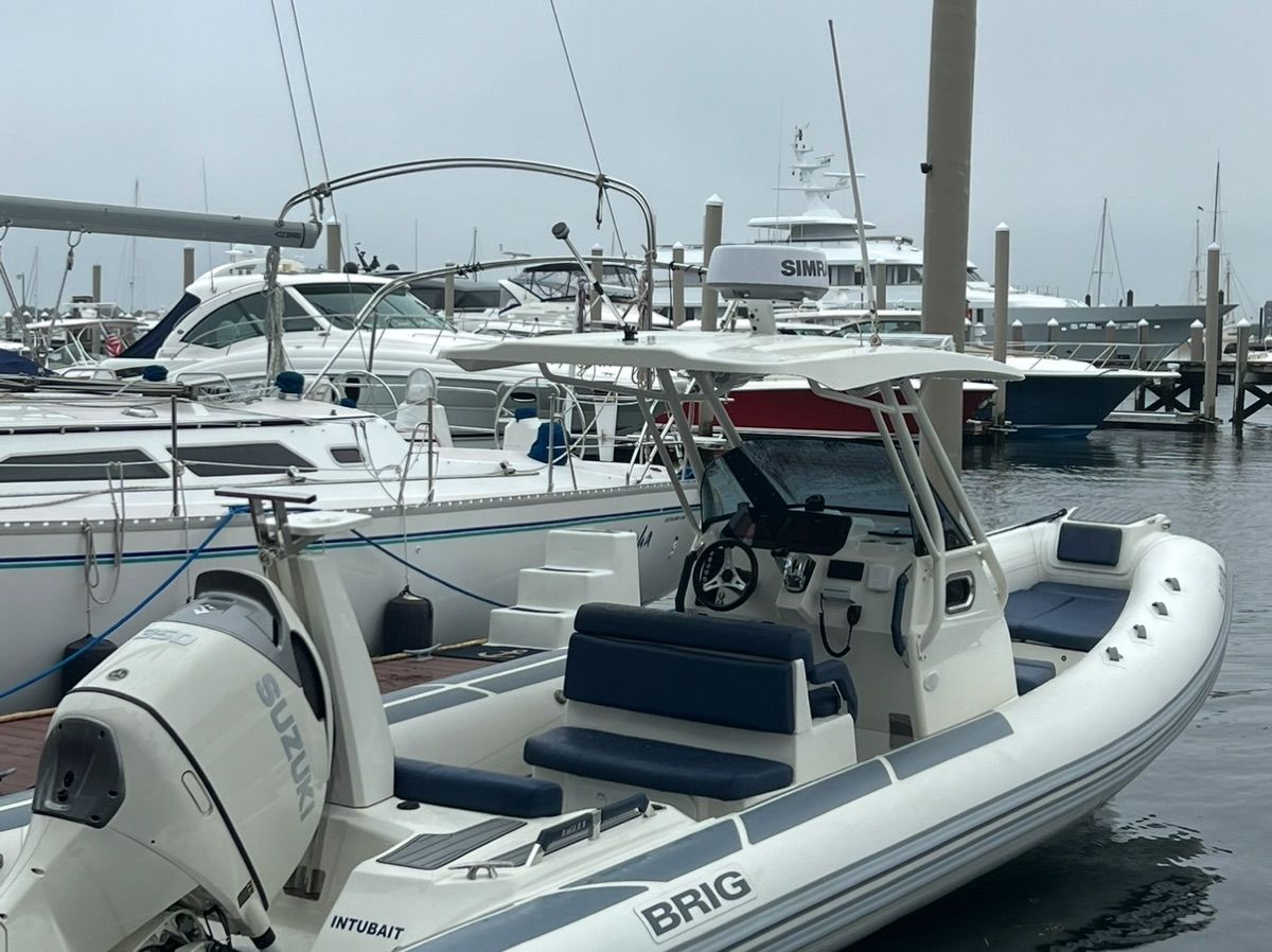 A 2022 Brig Eagle 8 boat docked in a marina, surrounded by other boats.