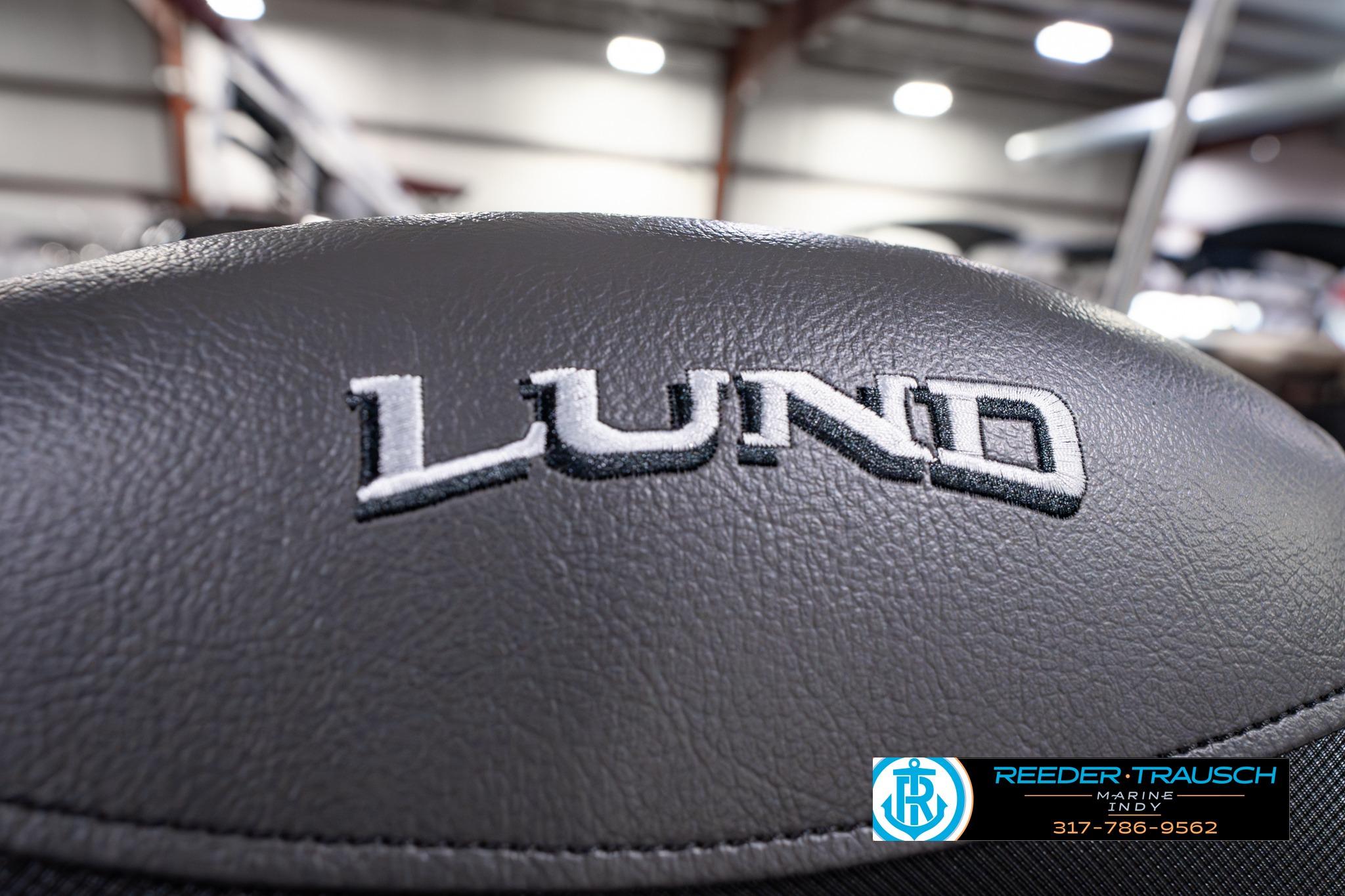 Close-up of Lund logo on 2026 Lund 1650 Rebel XL SS boat seat.